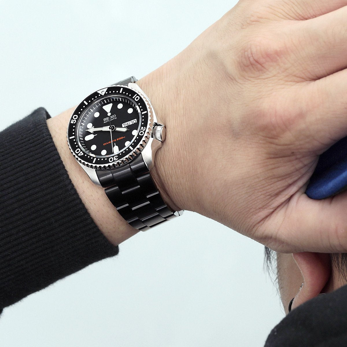 22mm Super-O Boyer Watch Band for Seiko SKX007 SKX009 SKX011, Stainless Steel - Brushed (DLC) Black Coating, V Diver Clasp