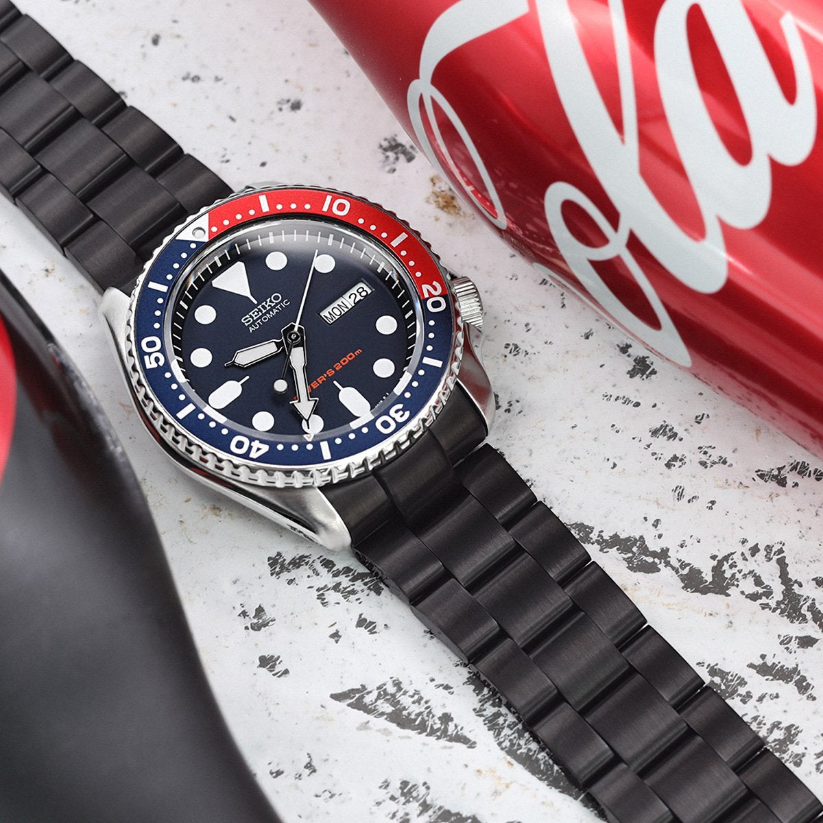 22mm Super-O Boyer Watch Band for Seiko SKX007 SKX009 SKX011, Stainless Steel - Brushed (DLC) Black Coating, V Diver Clasp