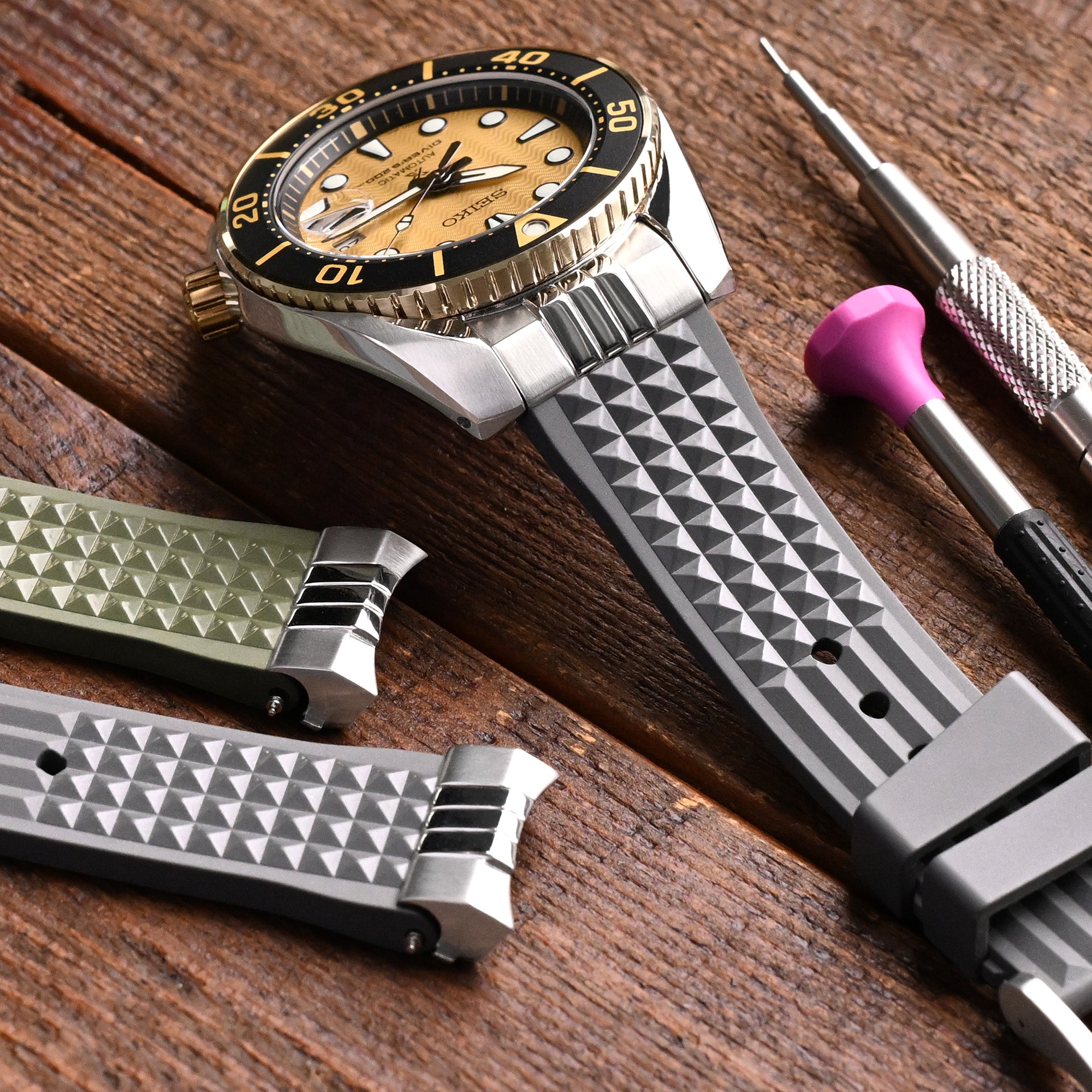 Endlink Plus Chaffle Military Grey FKM Rubber watch strap compatible with Seiko Sumo SPB103