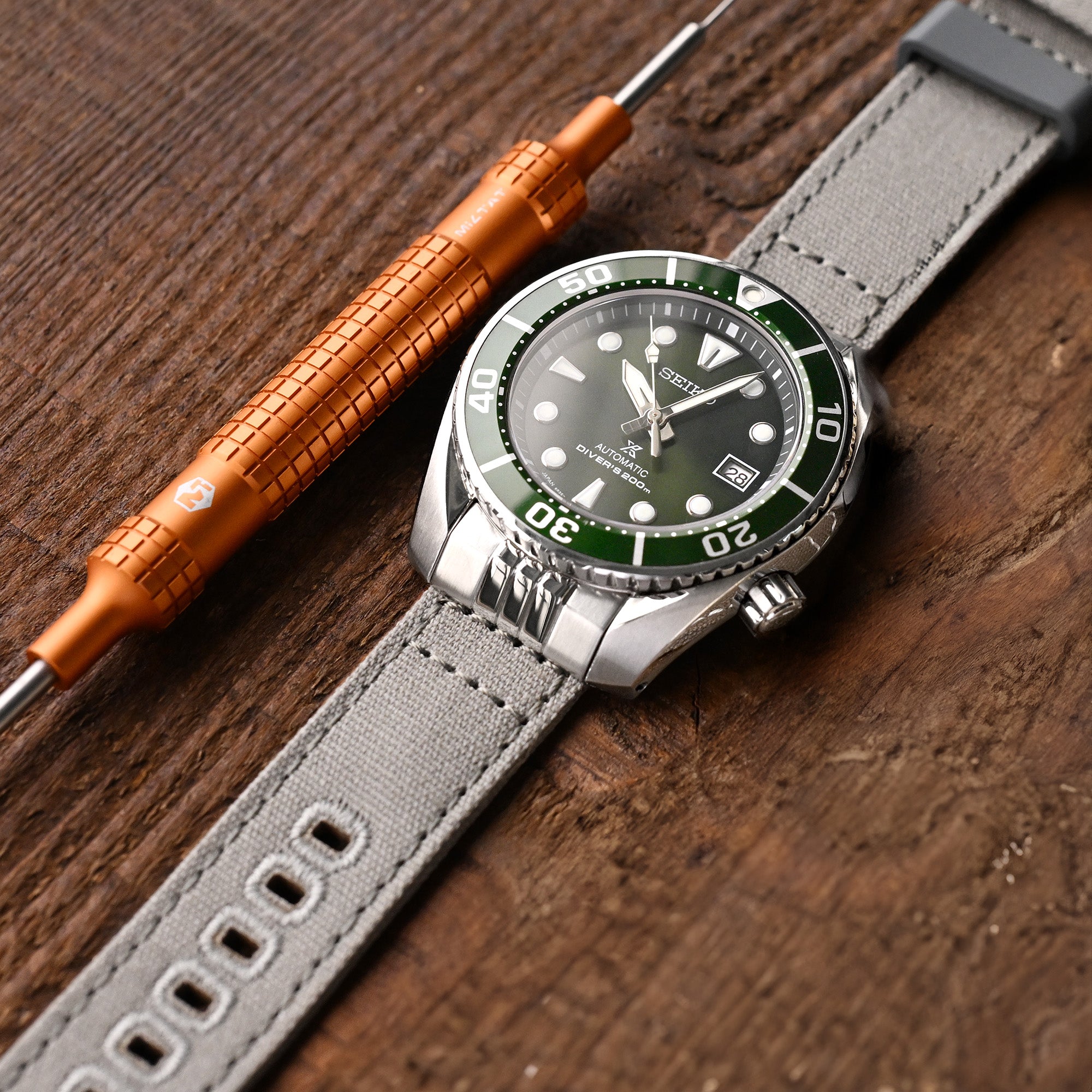 Endlink Plus Khaki Green Quick Release Canvas watch strap compatible with Seiko Sumo SPB103