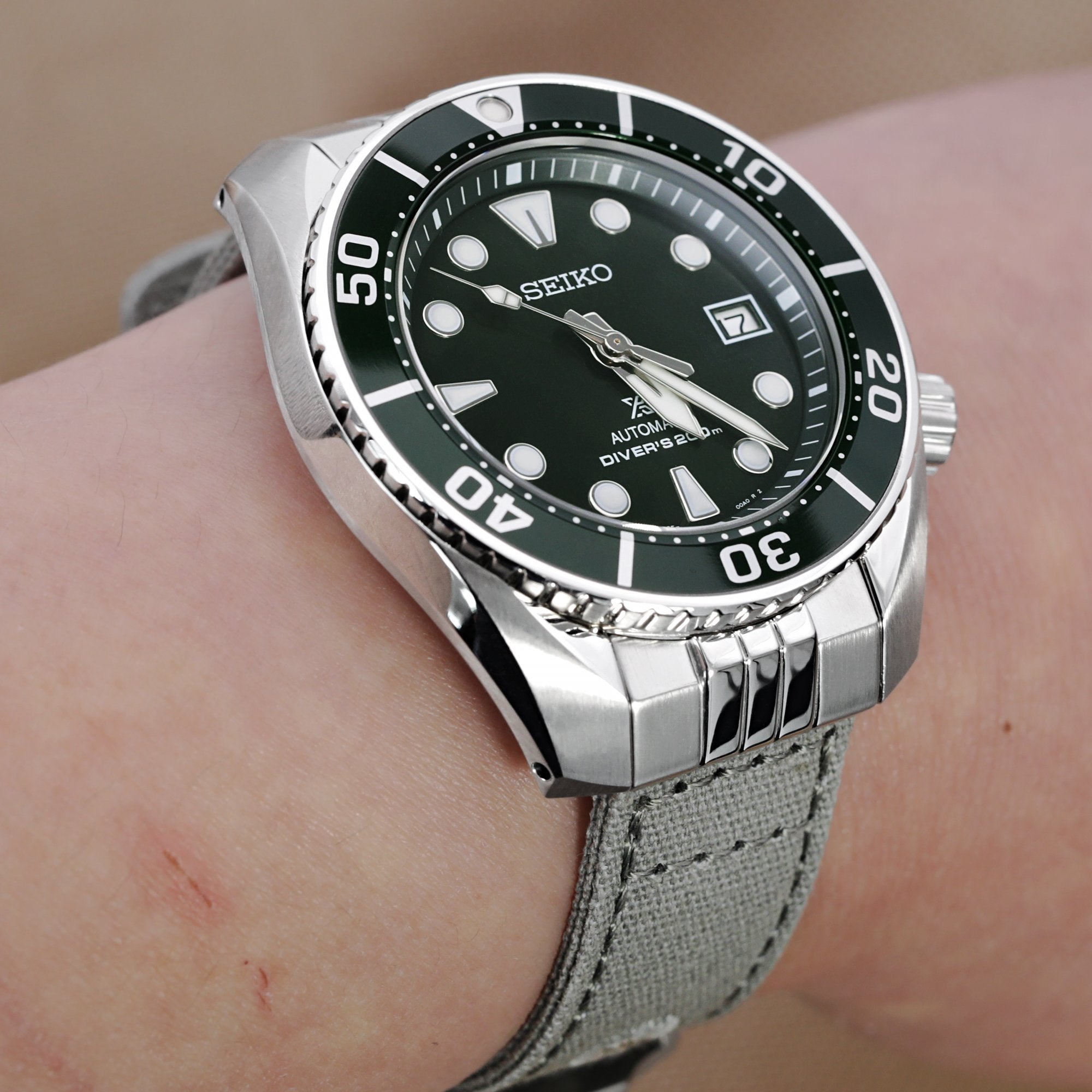 Endlink Plus Khaki Green Quick Release Canvas watch strap compatible with Seiko Sumo SPB103