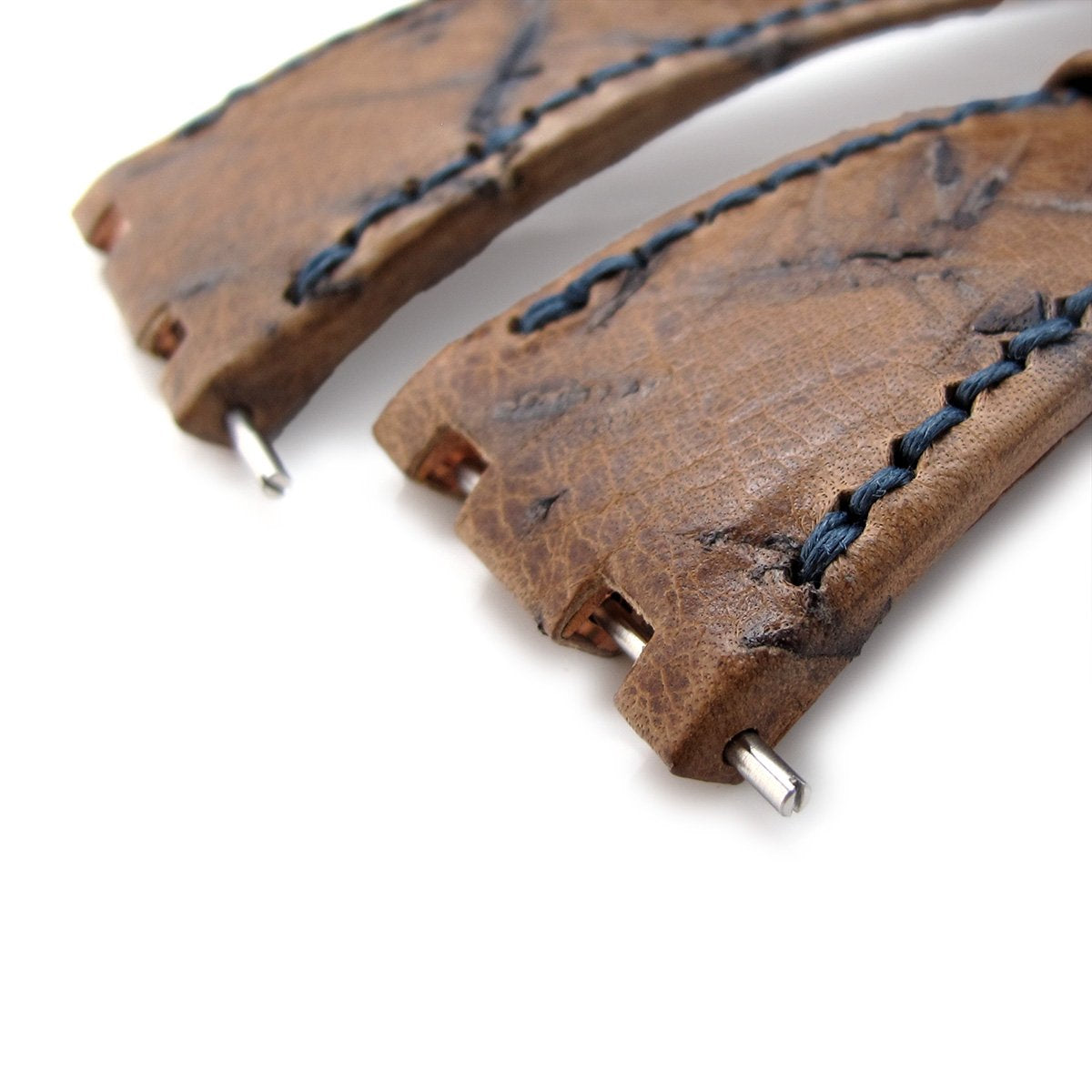 Heavy Scratch Brown Leather of Art Watch Strap, Dark Navy Wax thread, compatible with Audemars Piguet Royal Oak Offshore