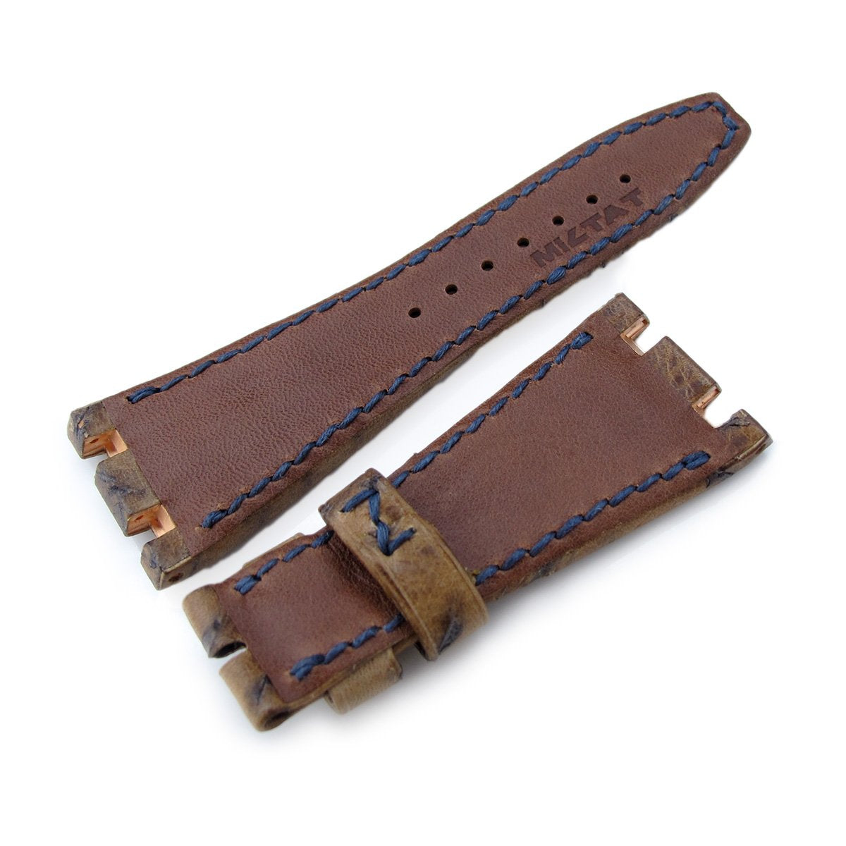 Heavy Scratch Brown Leather of Art Watch Strap, Dark Navy Wax thread, compatible with Audemars Piguet Royal Oak Offshore