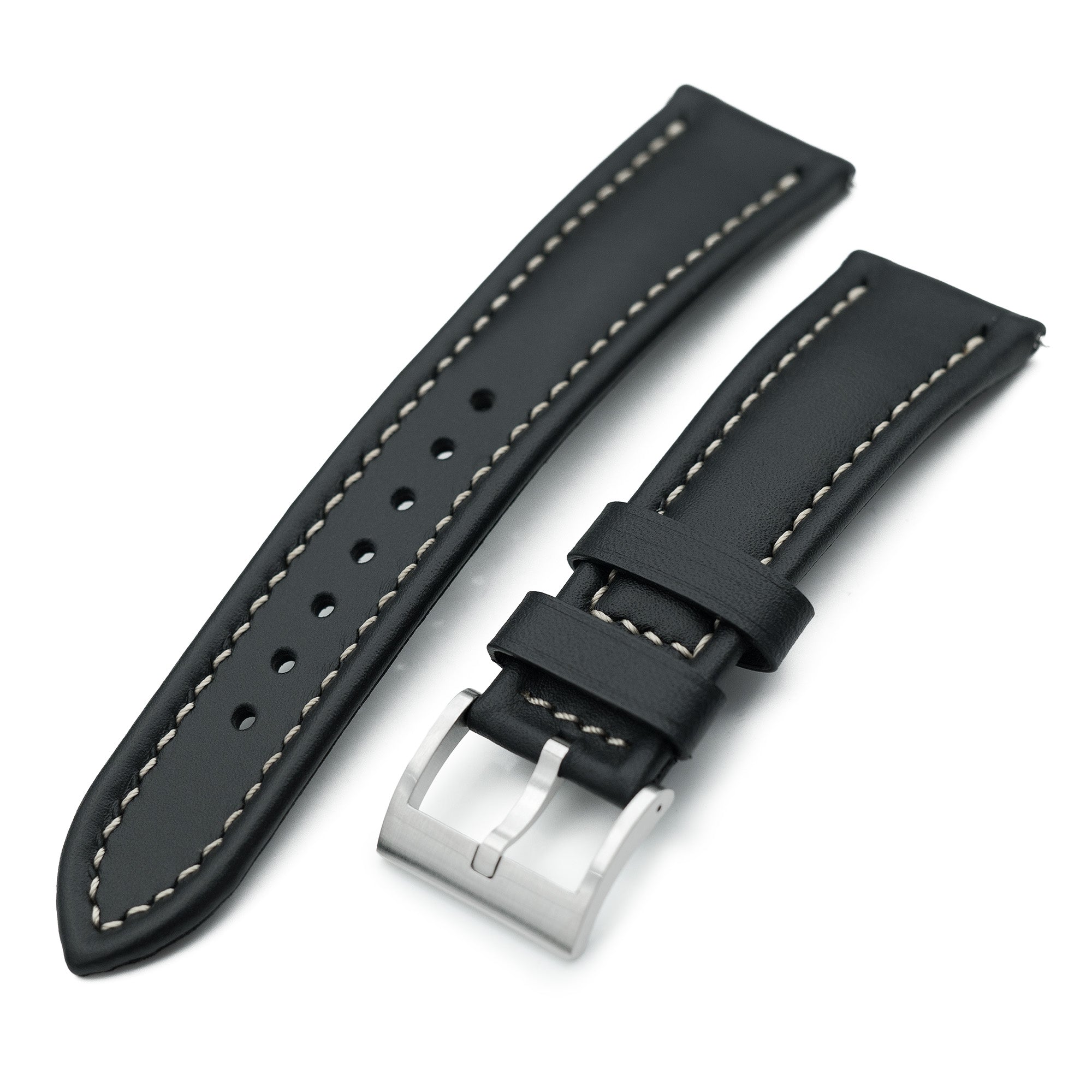 Aviator Style Quick Release Black French Leather Watch Band 19mm, 20mm, 22mm or 23mm