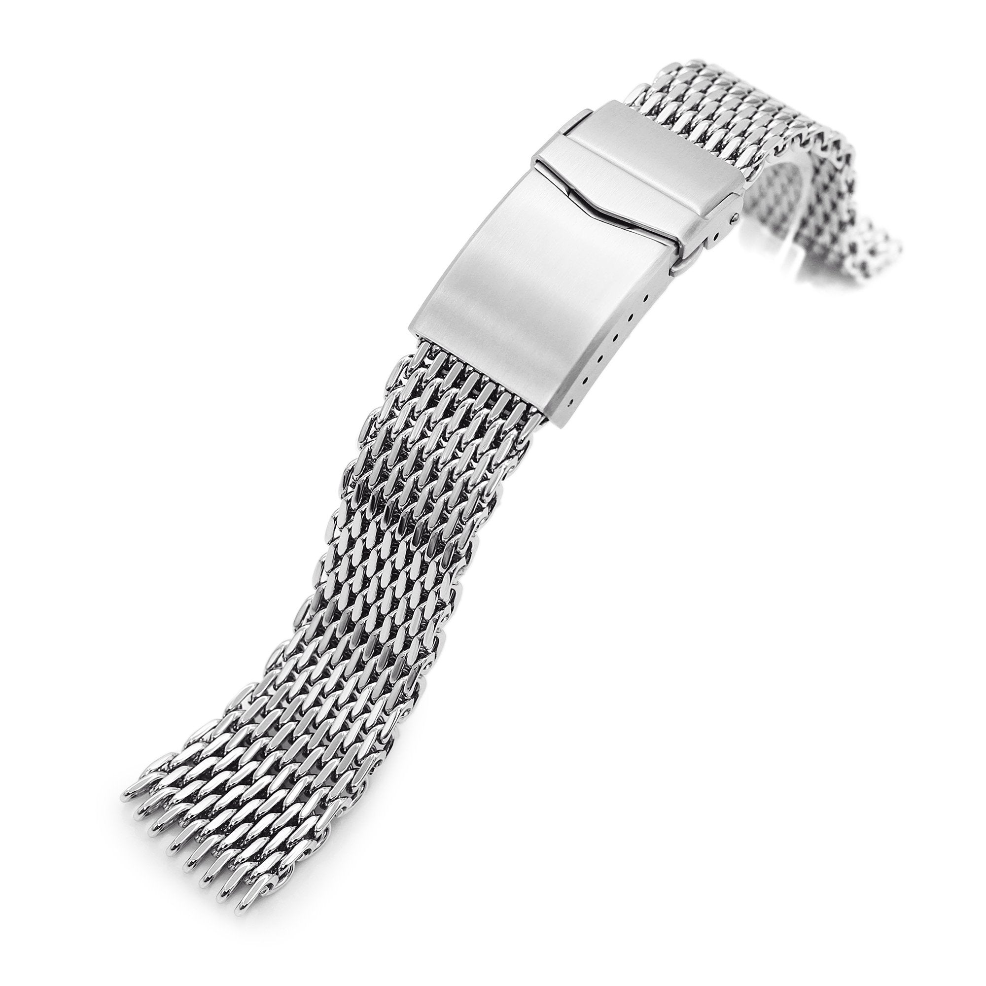 20mm Tapered "SHARK" Mesh Band Stainless Steel Watch Bracelet, V-Clasp, Polished