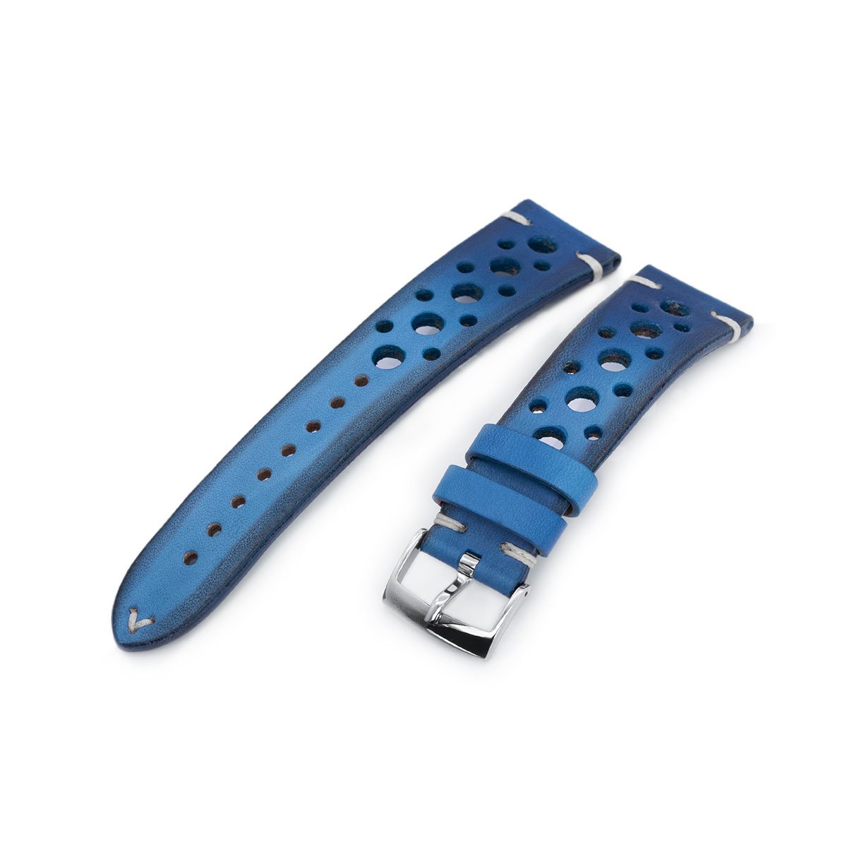 20mm or 22mm MiLTAT Italian Handmade Racer Vintage Blue Watch Strap, White Stitching