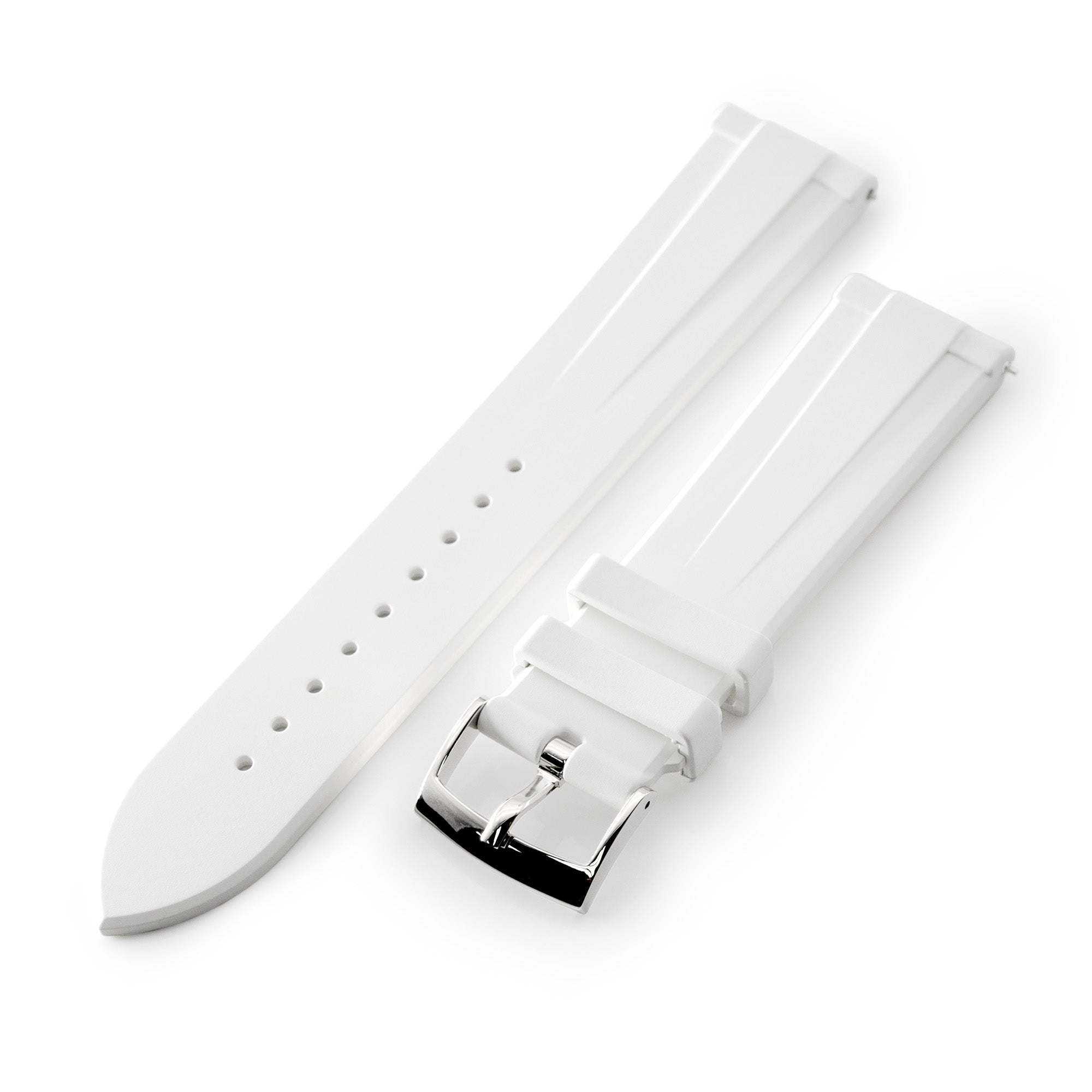 20mm Quick Release Watch Band White Raised Center FKM Rubber Strap, Polished Buckle