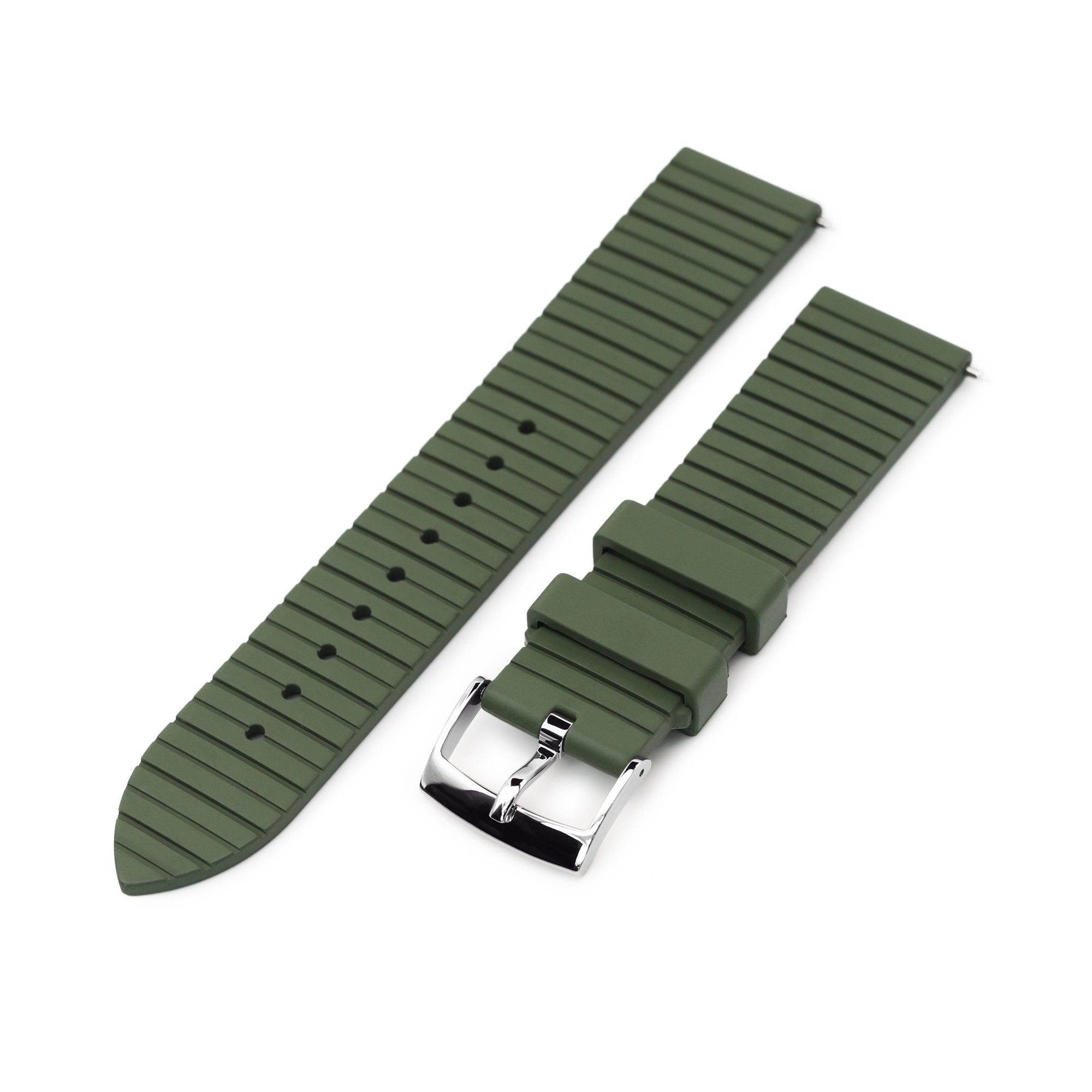 20mm Quick Release Watch Band Military Green Groove Stripe FKM Rubber Strap, Polished