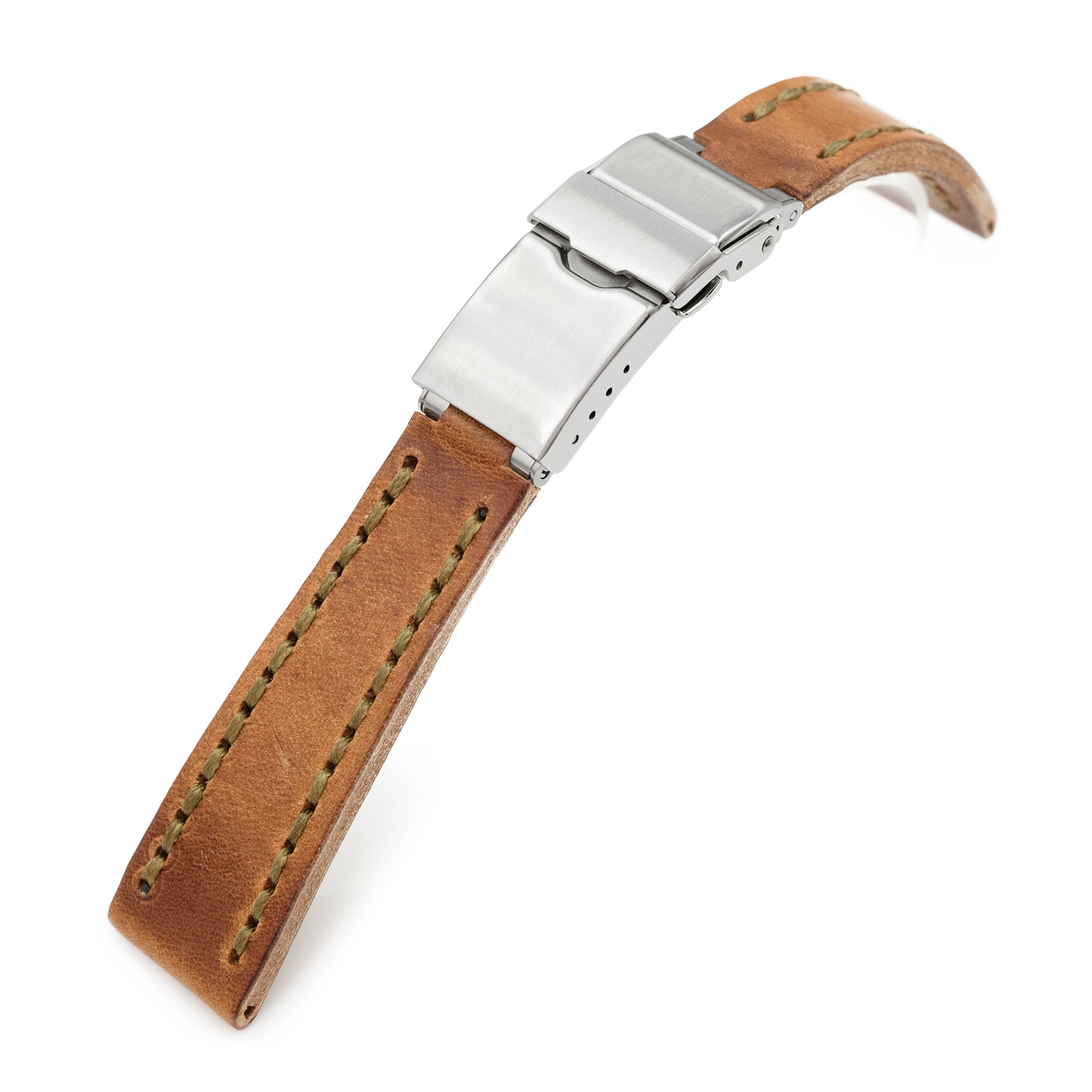 20mm Brown Griffon One-Piece Handcrafted Italian Brown Leather Watch Band, Olive Green Stitch