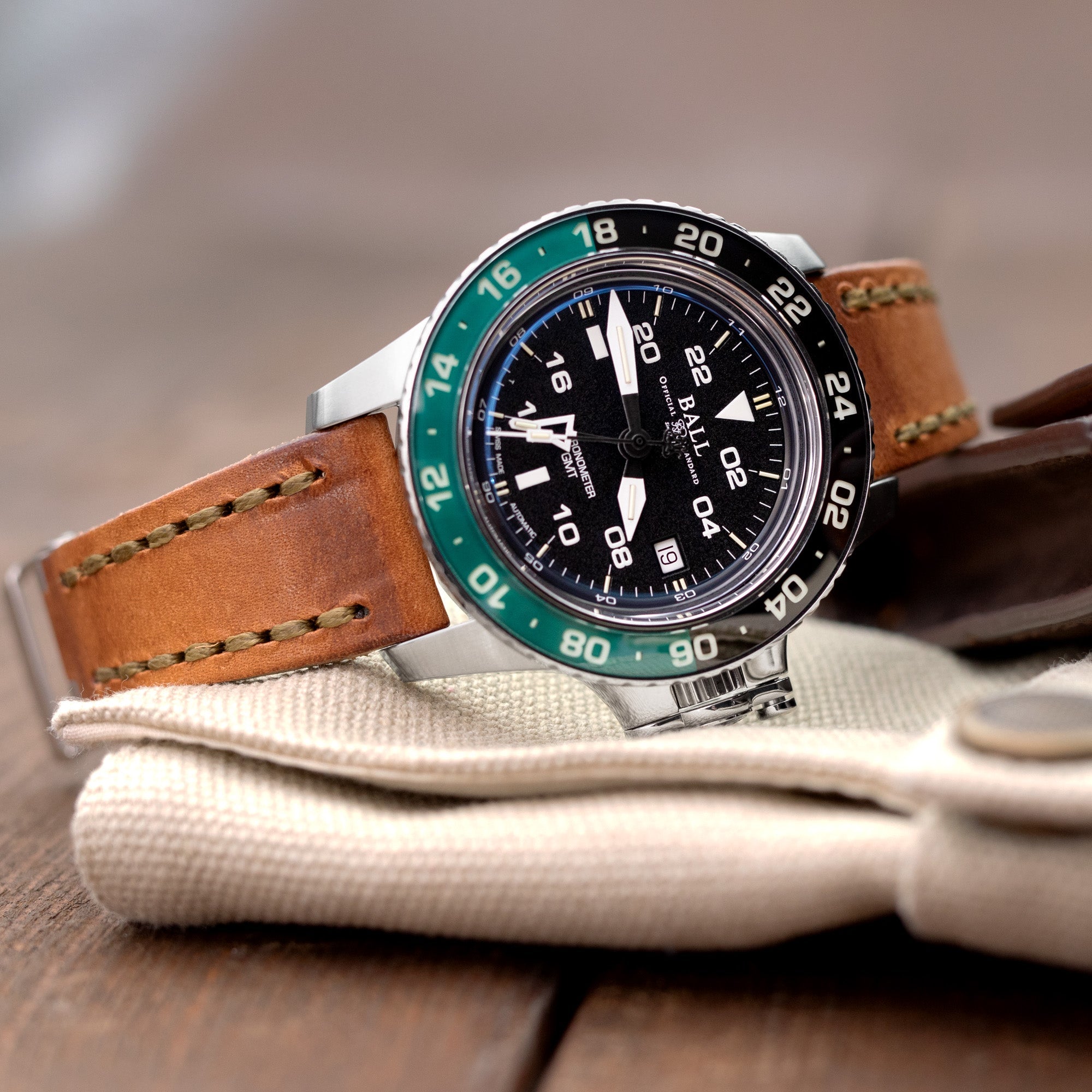 20mm Brown Griffon One-Piece Handcrafted Italian Brown Leather Watch Band, Olive Green Stitch