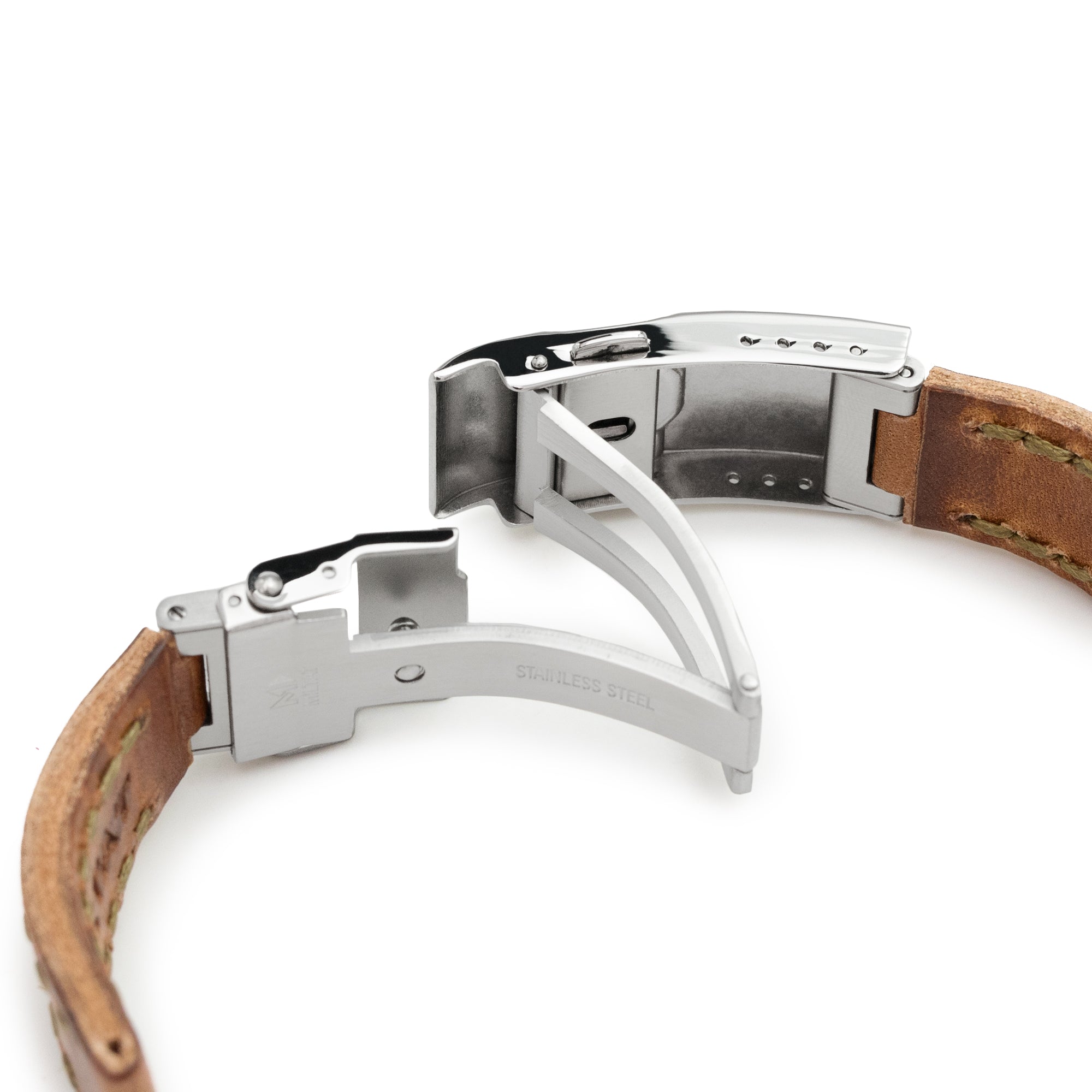 20mm Brown Griffon One-Piece Handcrafted Italian Brown Leather Watch Band, Olive Green Stitch