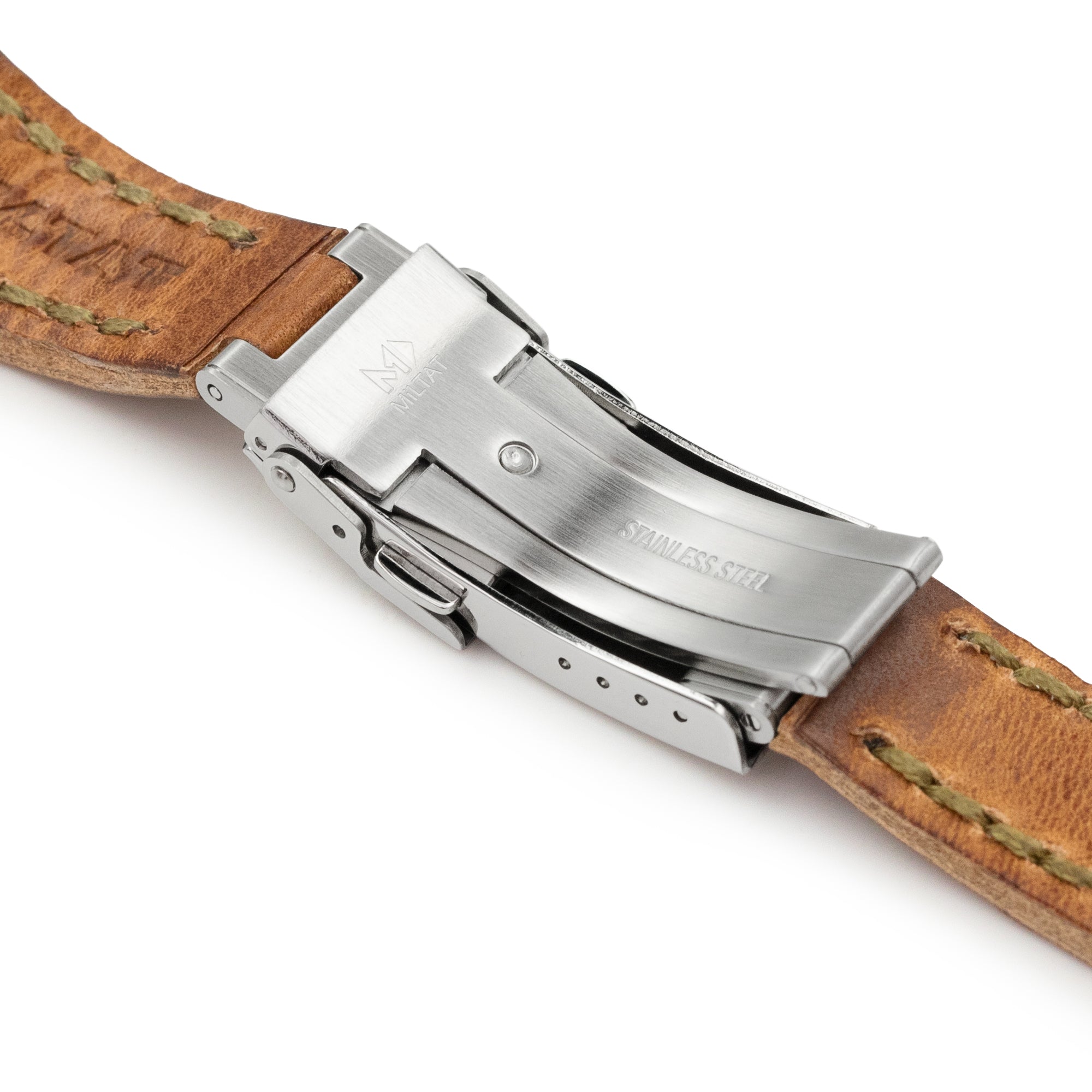 20mm Brown Griffon One-Piece Handcrafted Italian Brown Leather Watch Band, Olive Green Stitch