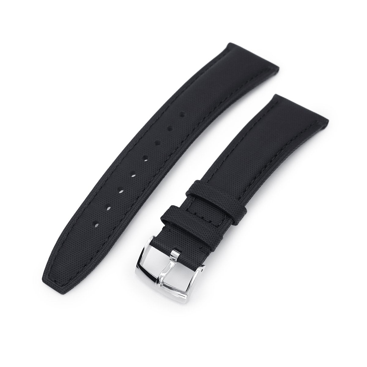 20mm or 22mm Black Woven Texture Watch Strap, Black Stitching, Polished