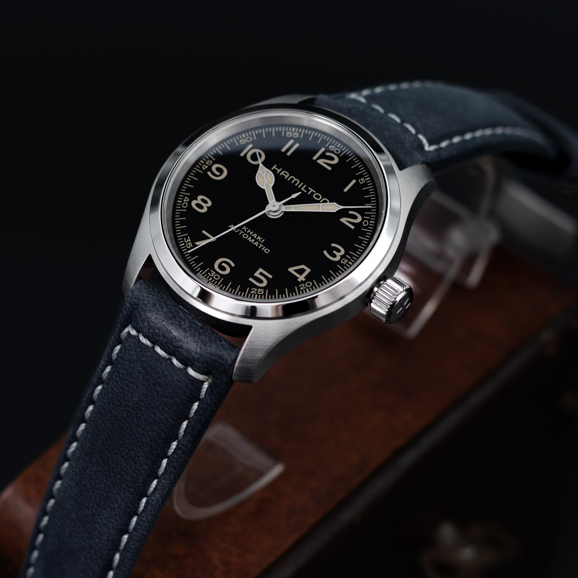 MiLTAT 20mm Matte Black Nubuck Leather Watch Strap, Beige Stitching