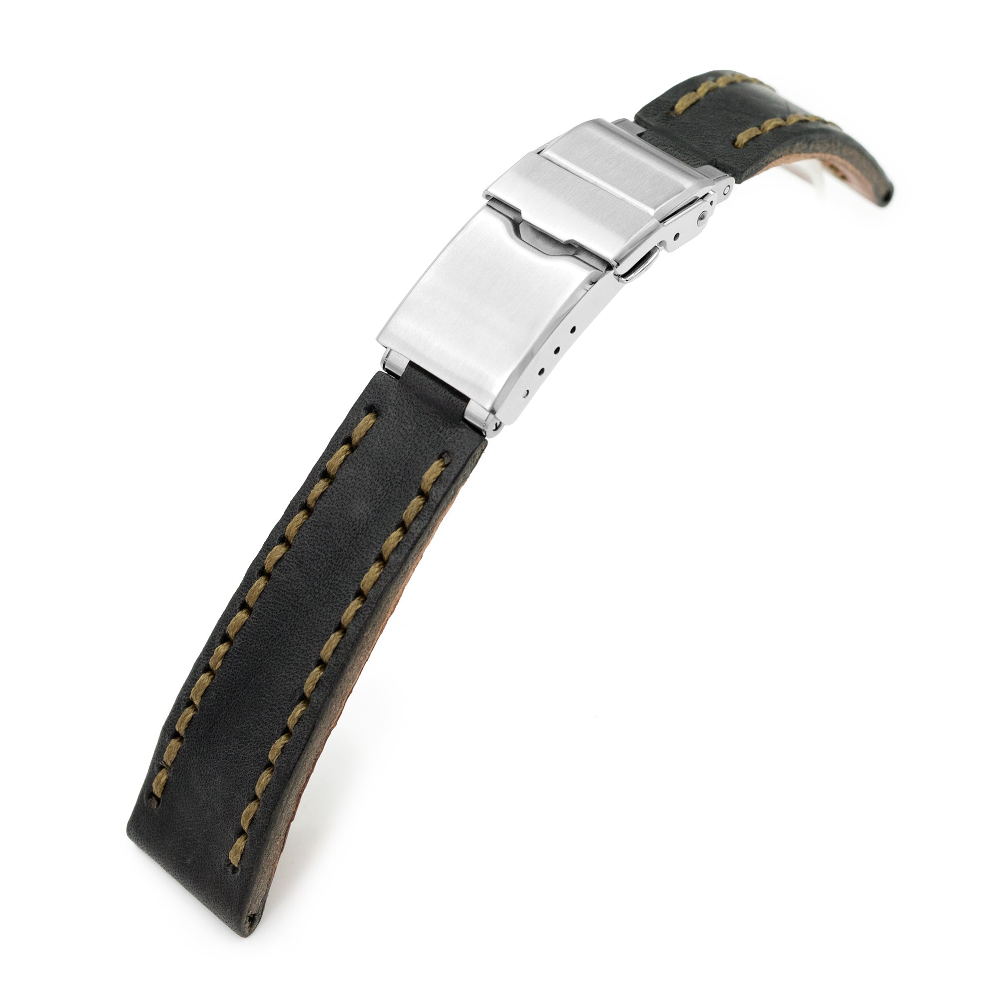 20mm Black Griffon One-Piece Handcrafted Italian Leather Watch Band, Olive Green Stitch