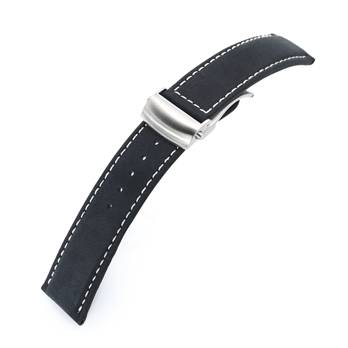 MiLTAT 20mm Matte Black Nubuck Leather Deployment Watch Strap, Beige Stitching