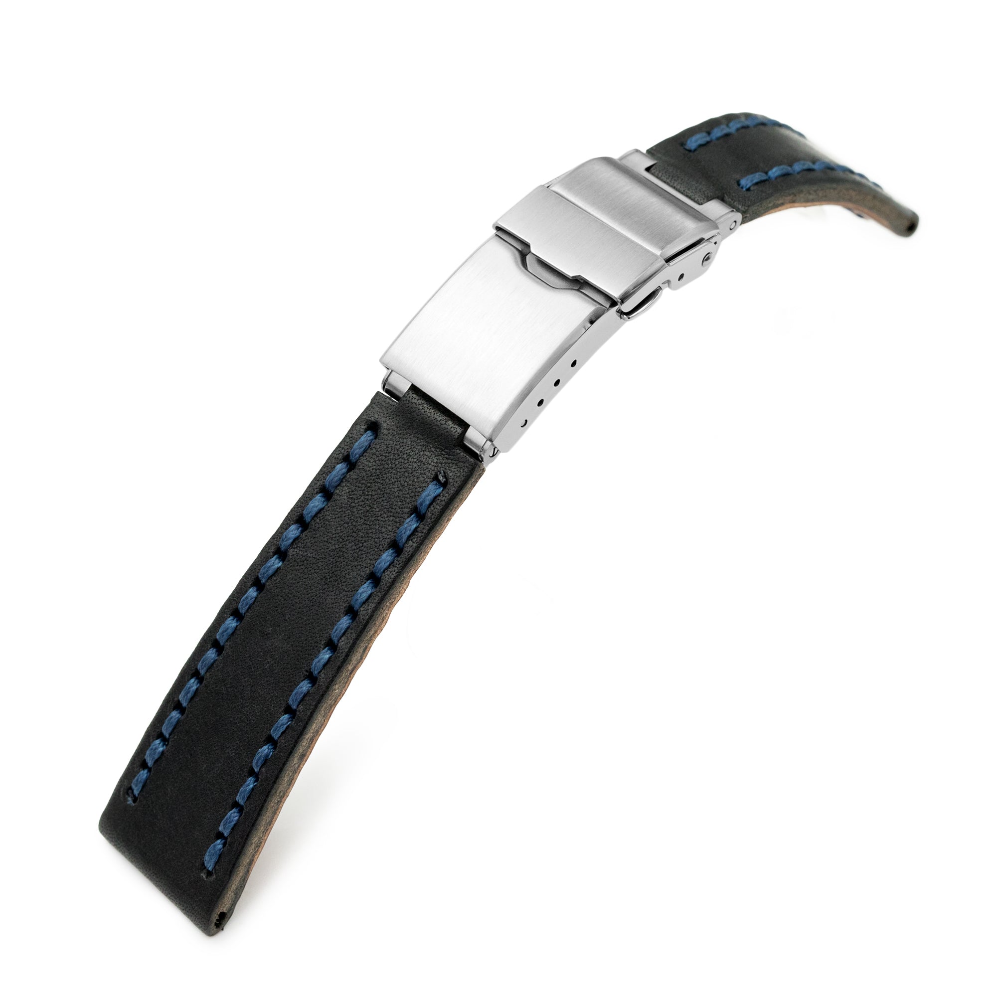20mm Black Griffon One-Piece Handcrafted Italian Leather Watch Band, Blue Stitch