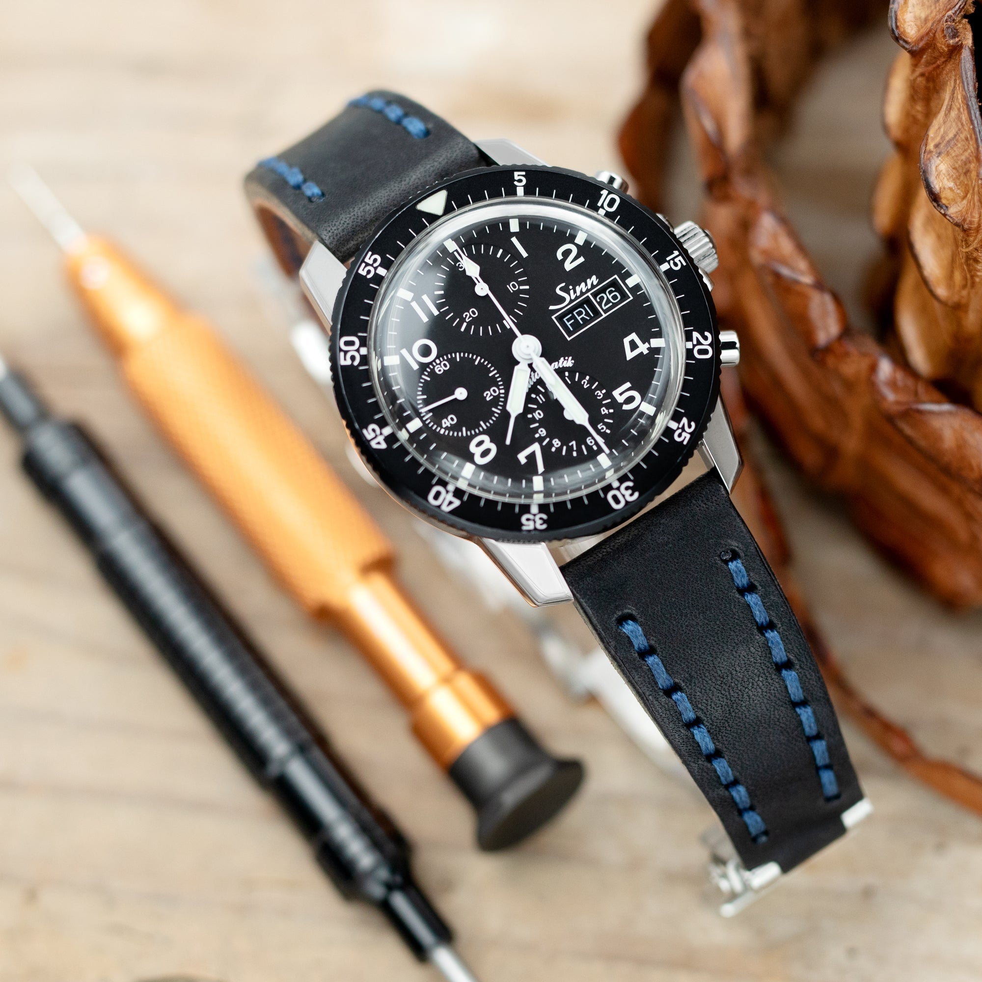 20mm Black Griffon One-Piece Handcrafted Italian Leather Watch Band, Blue Stitch
