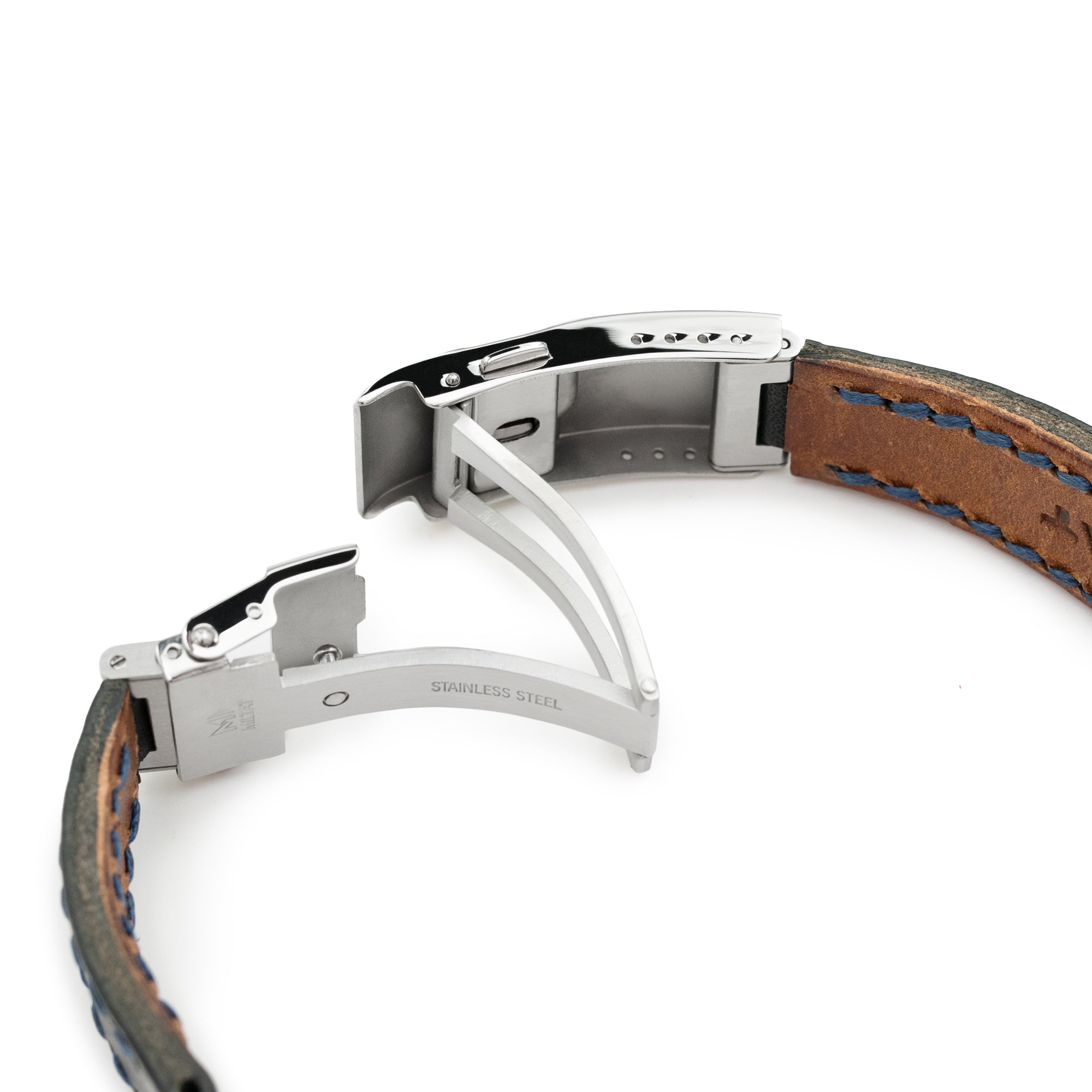 20mm Black Griffon One-Piece Handcrafted Italian Leather Watch Band, Blue Stitch