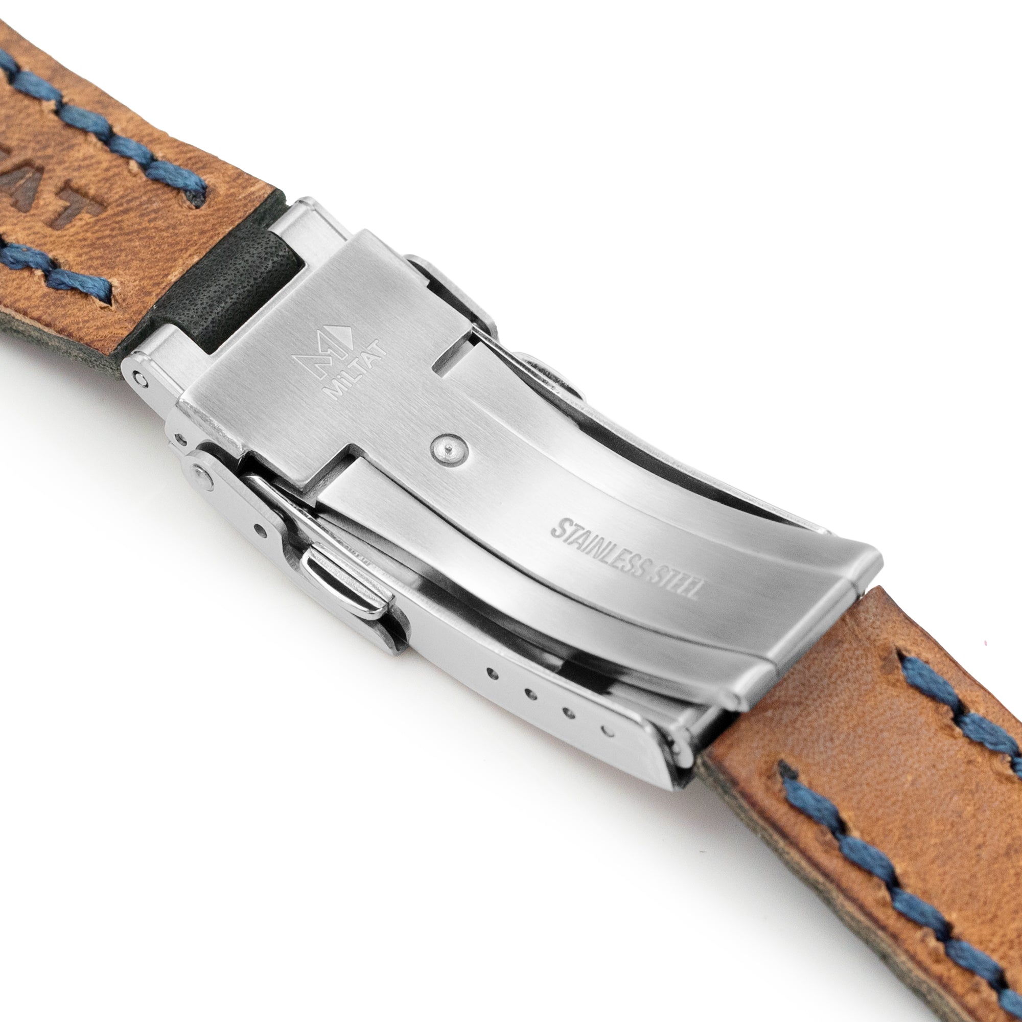 20mm Black Griffon One-Piece Handcrafted Italian Leather Watch Band, Blue Stitch