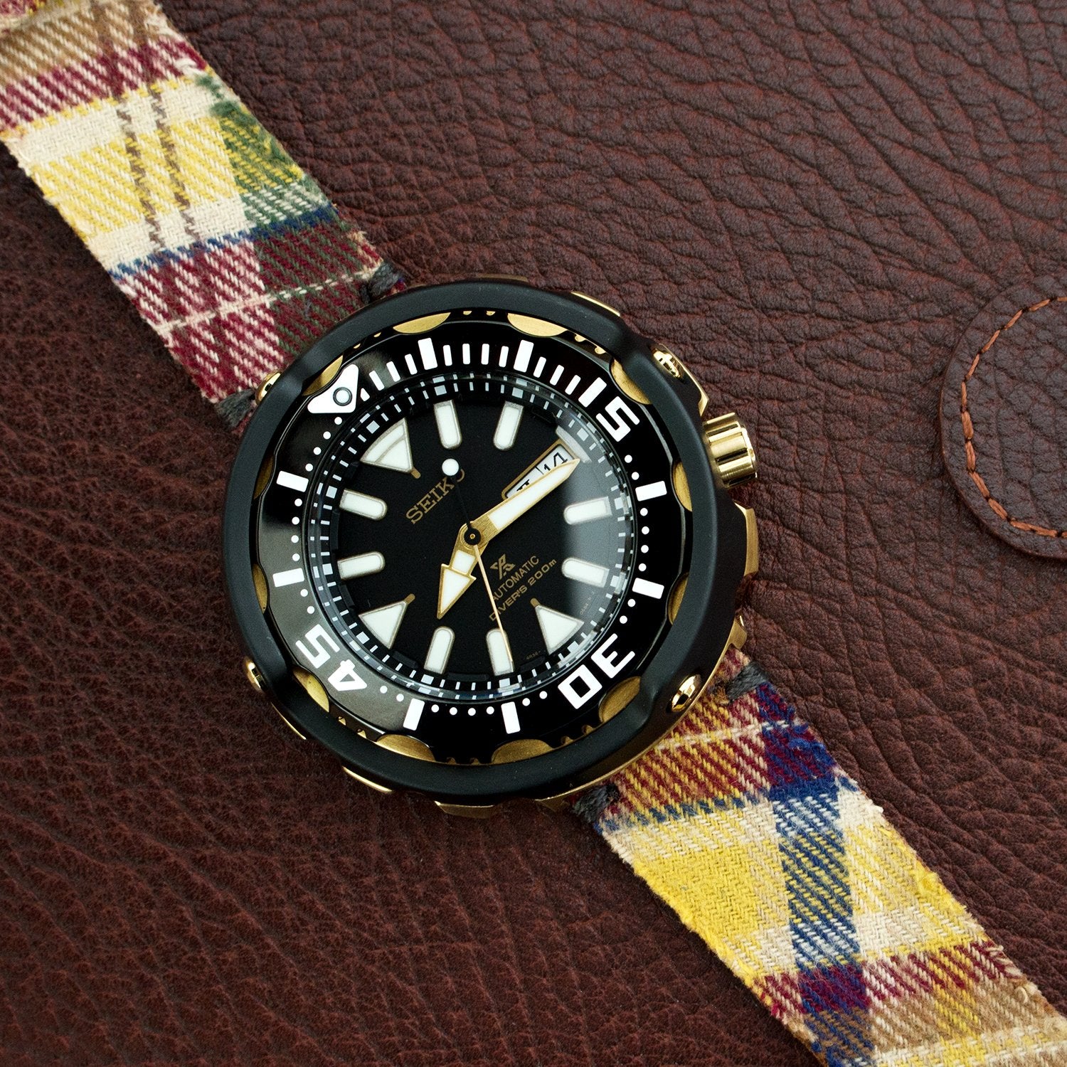 20mm MiLTAT Stewart Camel Tartan Pattern Watch Strap, Grey Stitching