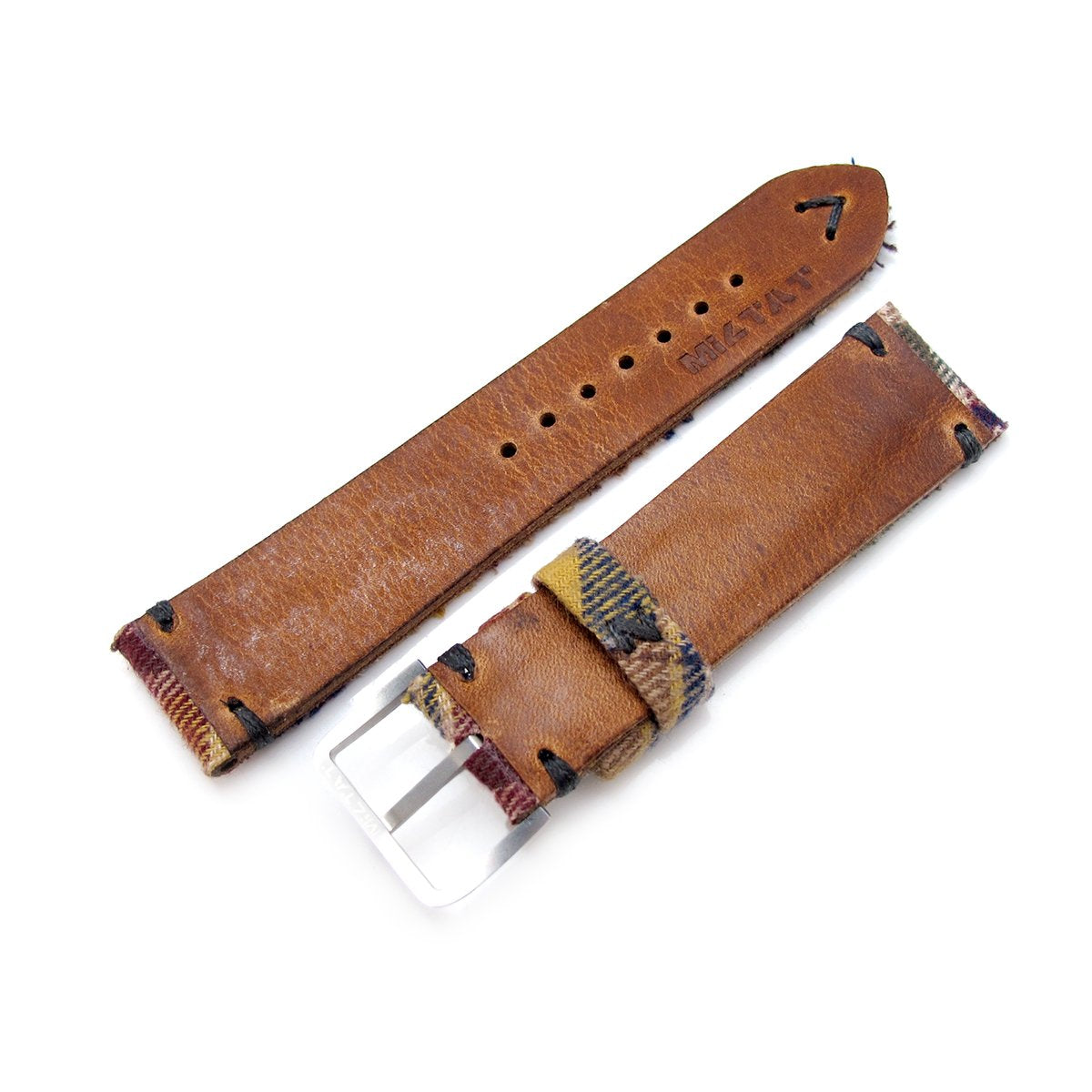 20mm MiLTAT Stewart Camel Tartan Pattern Watch Strap, Grey Stitching