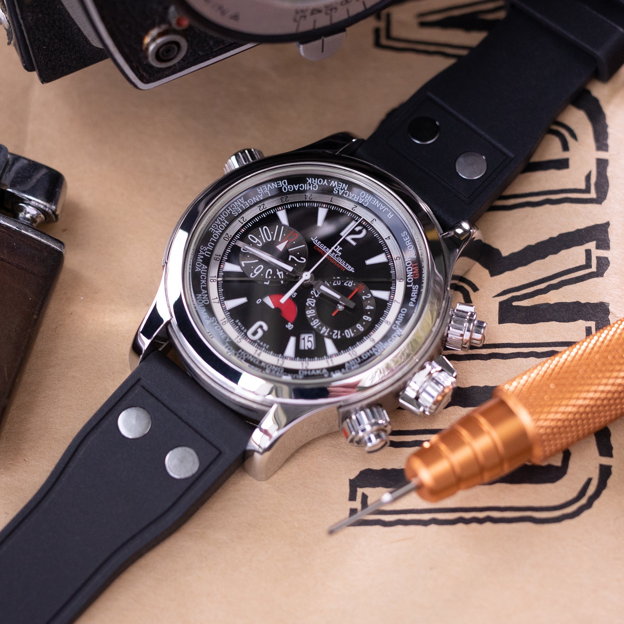 Quick Release Black Rivet Pilot FKM rubber watch strap, 20mm or 22mm