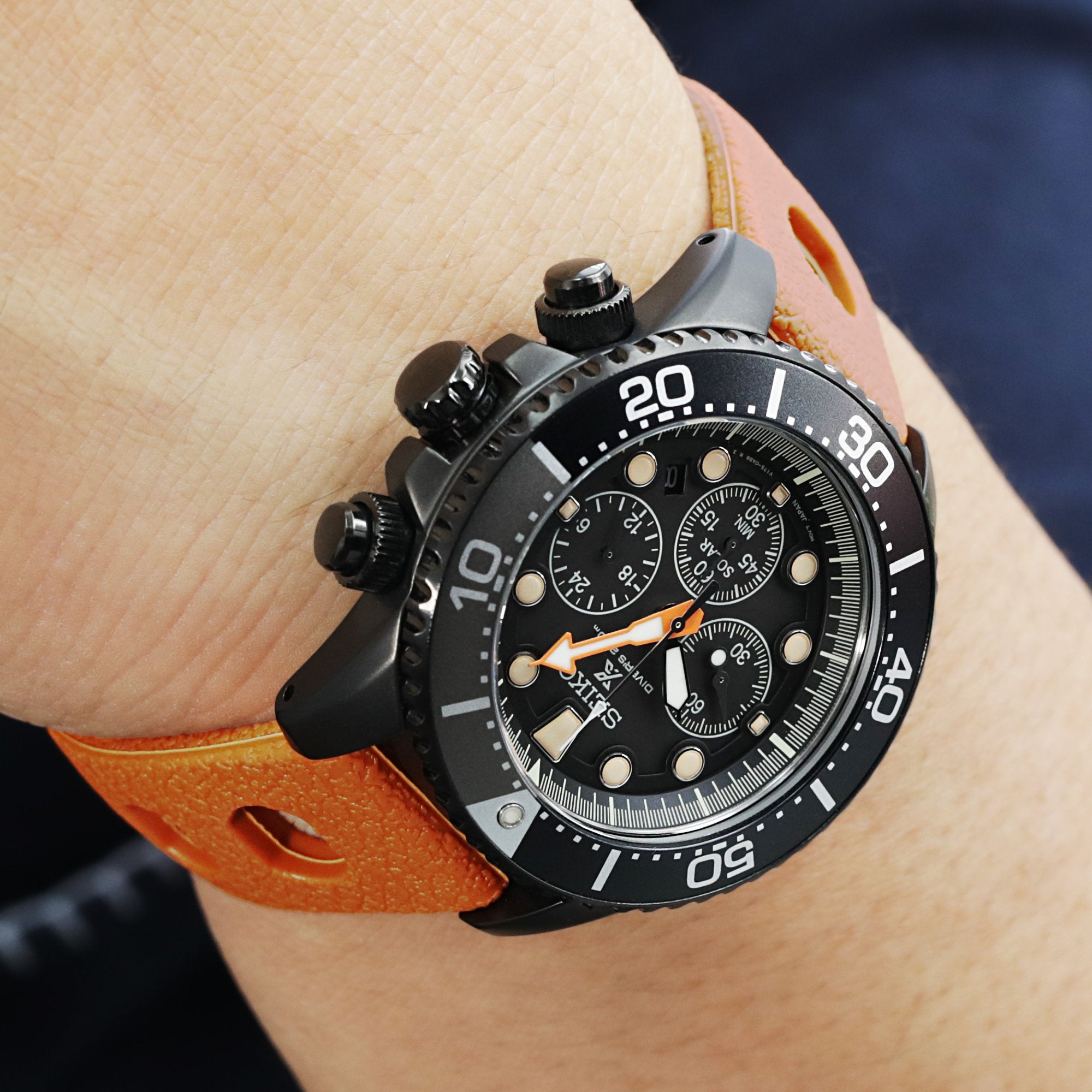 20mm Orange Retro Large Holes Rally Tapered Rubber watch band