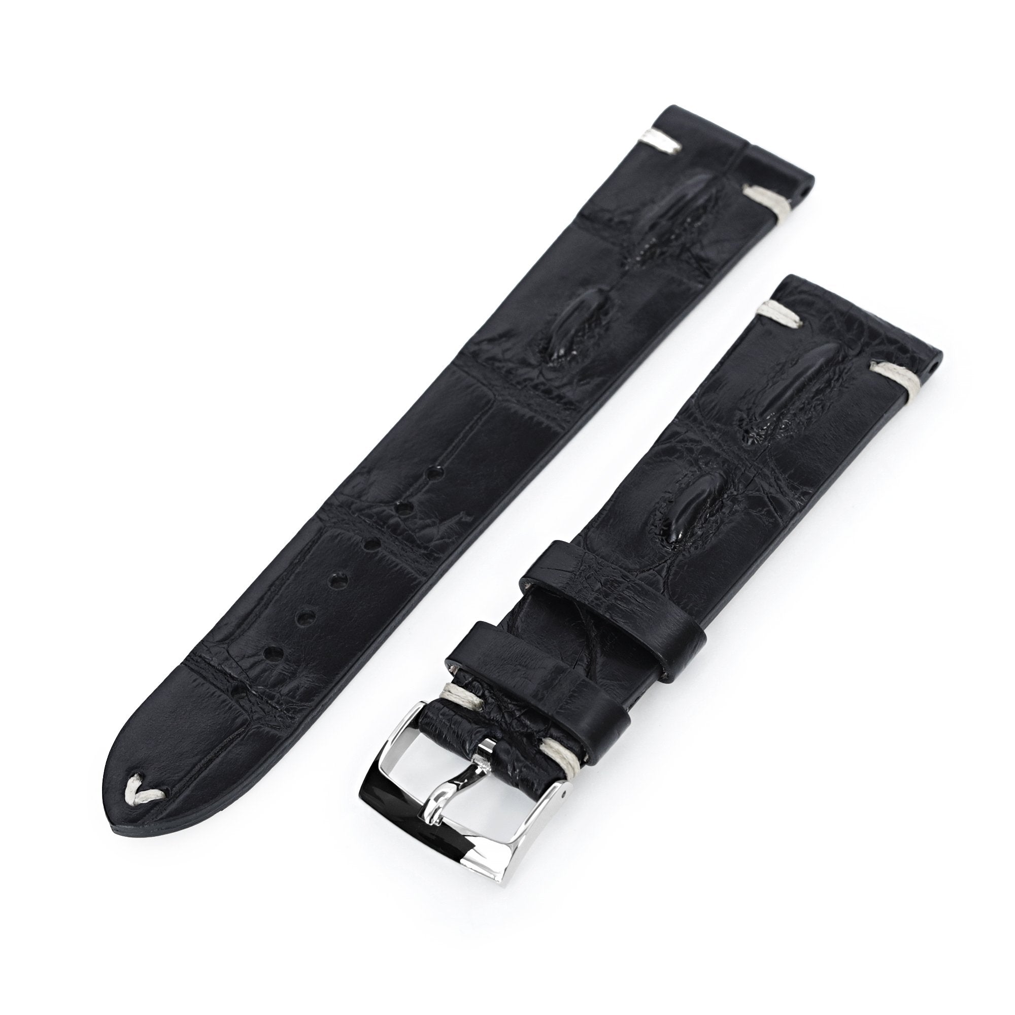 Black Italian Handmade Hornback Alligator Watch Band, Beige Stitching, P Buckle, 20mm or 22mm