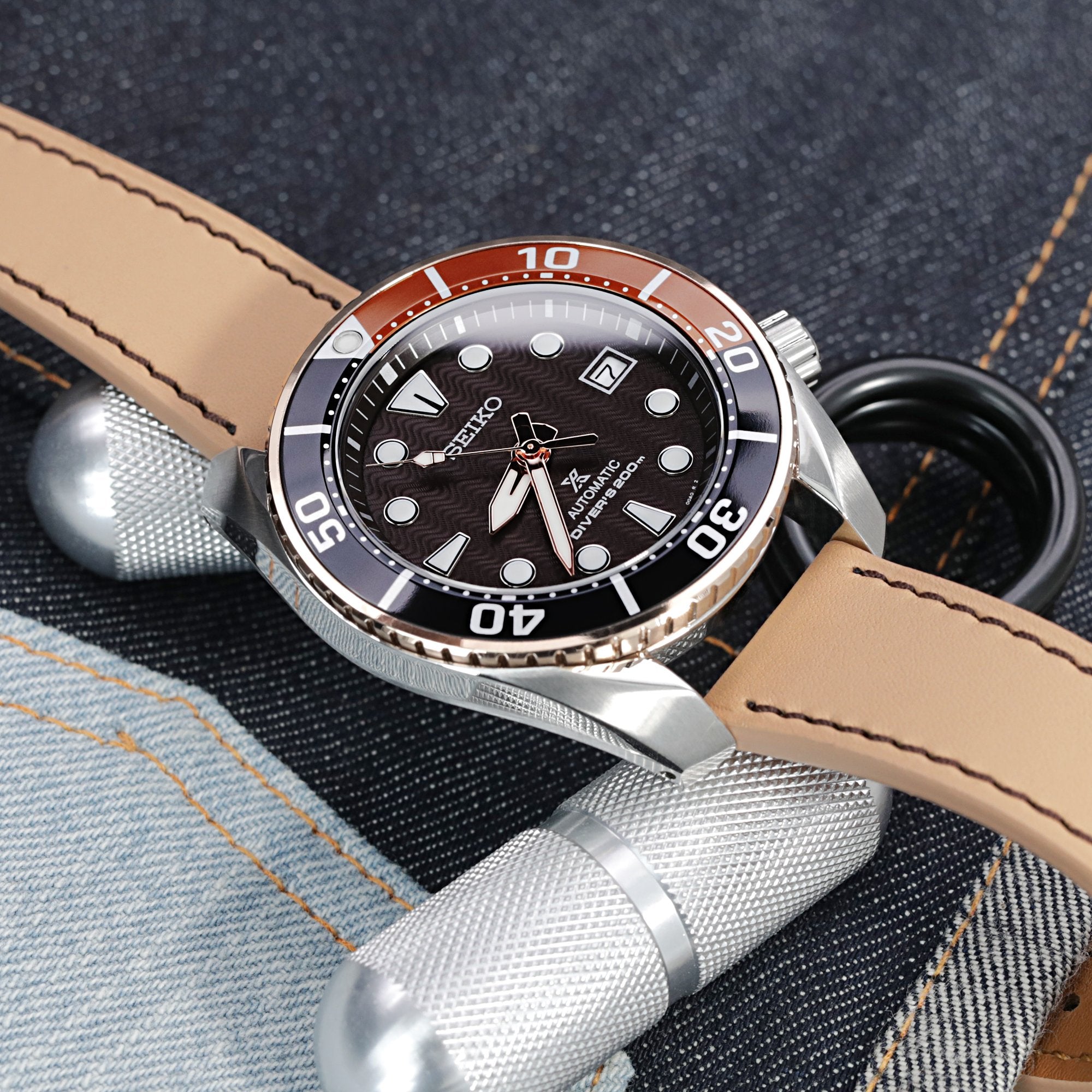 Q.R. 20mm Beige Tapered Leather Watch Band, Chocolate Brown Stitching + Zermatt