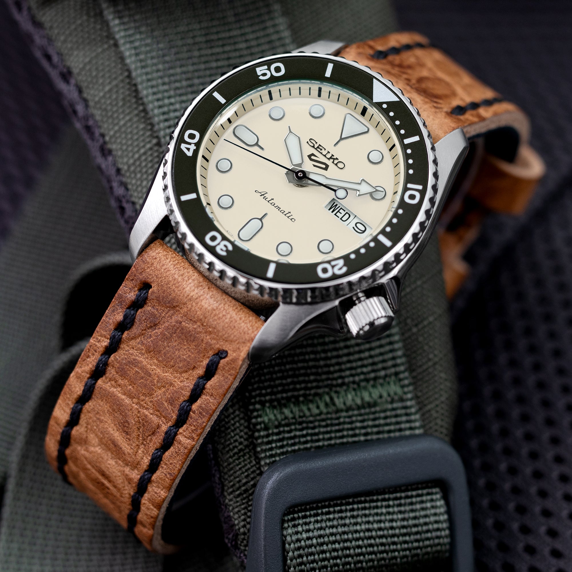 20, 21, 22mm CrocoCalf (Croco Grain) Honey Brown Watch Strap with Black Stitches