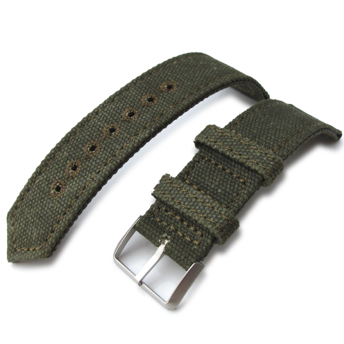 20mm, 21mm or 22mm MiLTAT WW2 2-piece Military Green Washed Canvas Armband with lockstitch round hole, Sandblasted