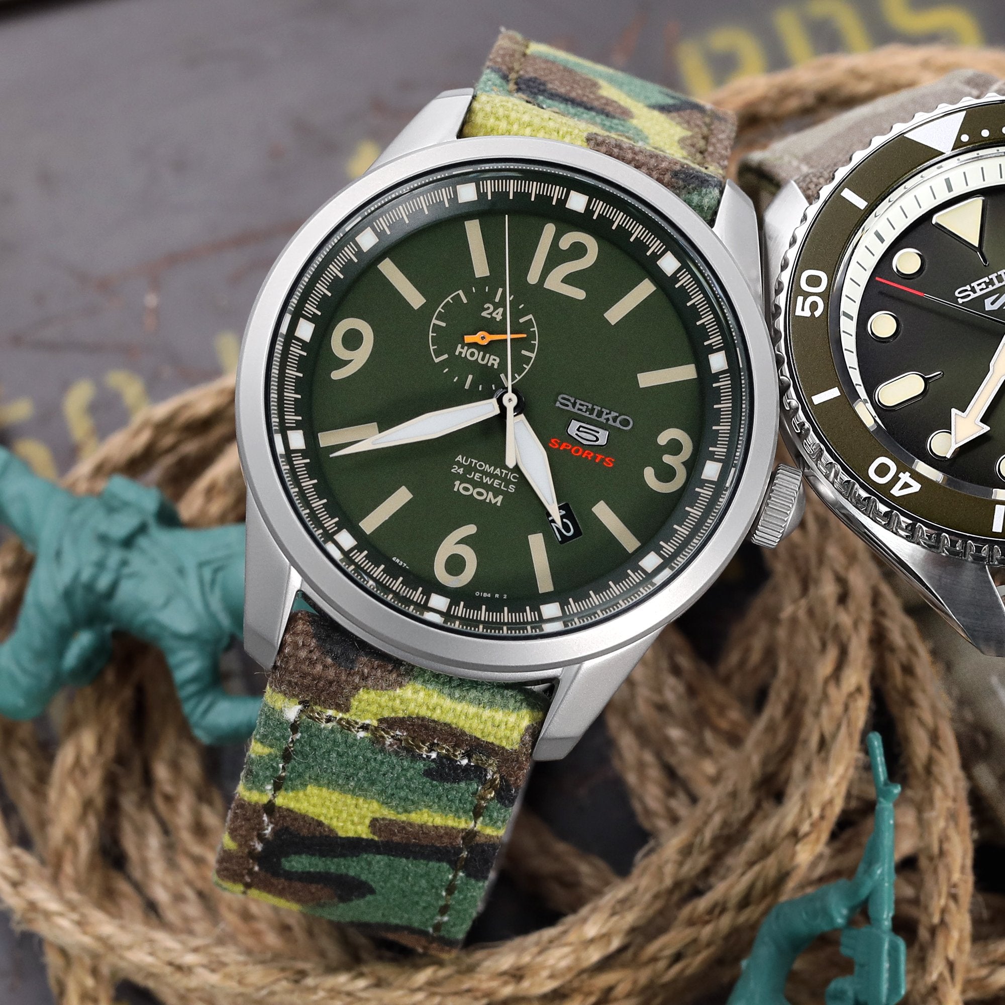 20mm, 21mm or 22mm MiLTAT WW2 2-piece ERDL Camouflage Canvas Armband with lockstitch round hole, Sandblasted