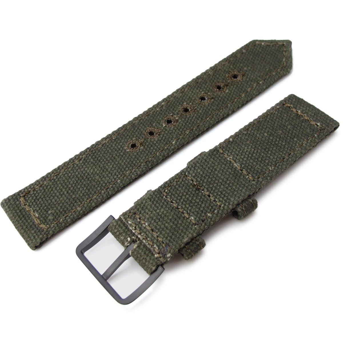 20mm, 21mm or 22mm MiLTAT WW2 2-piece Military Green Washed Canvas Armband with lockstitch round hole, PVD Black