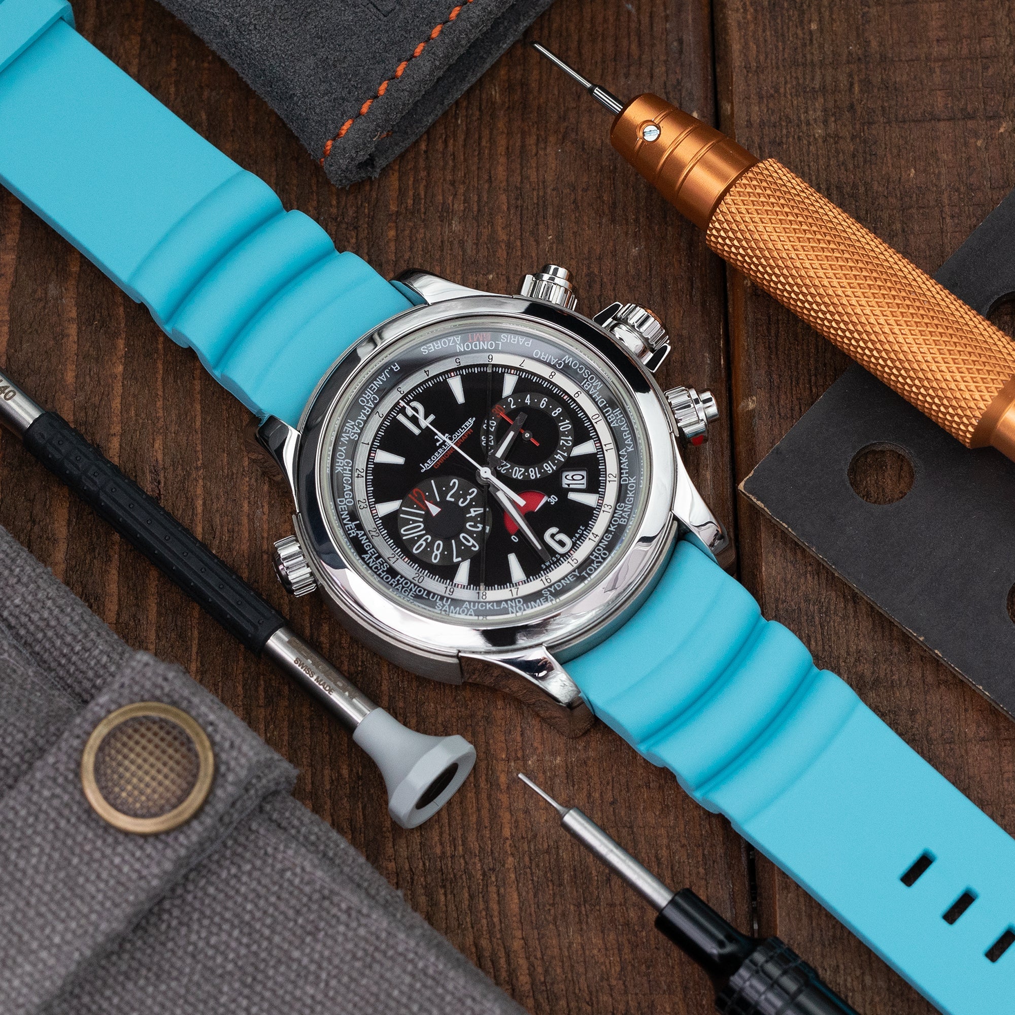 Q.R. Firewave Resilient Curved End FKM rubber Watch Strap, Sky Blue 22mm