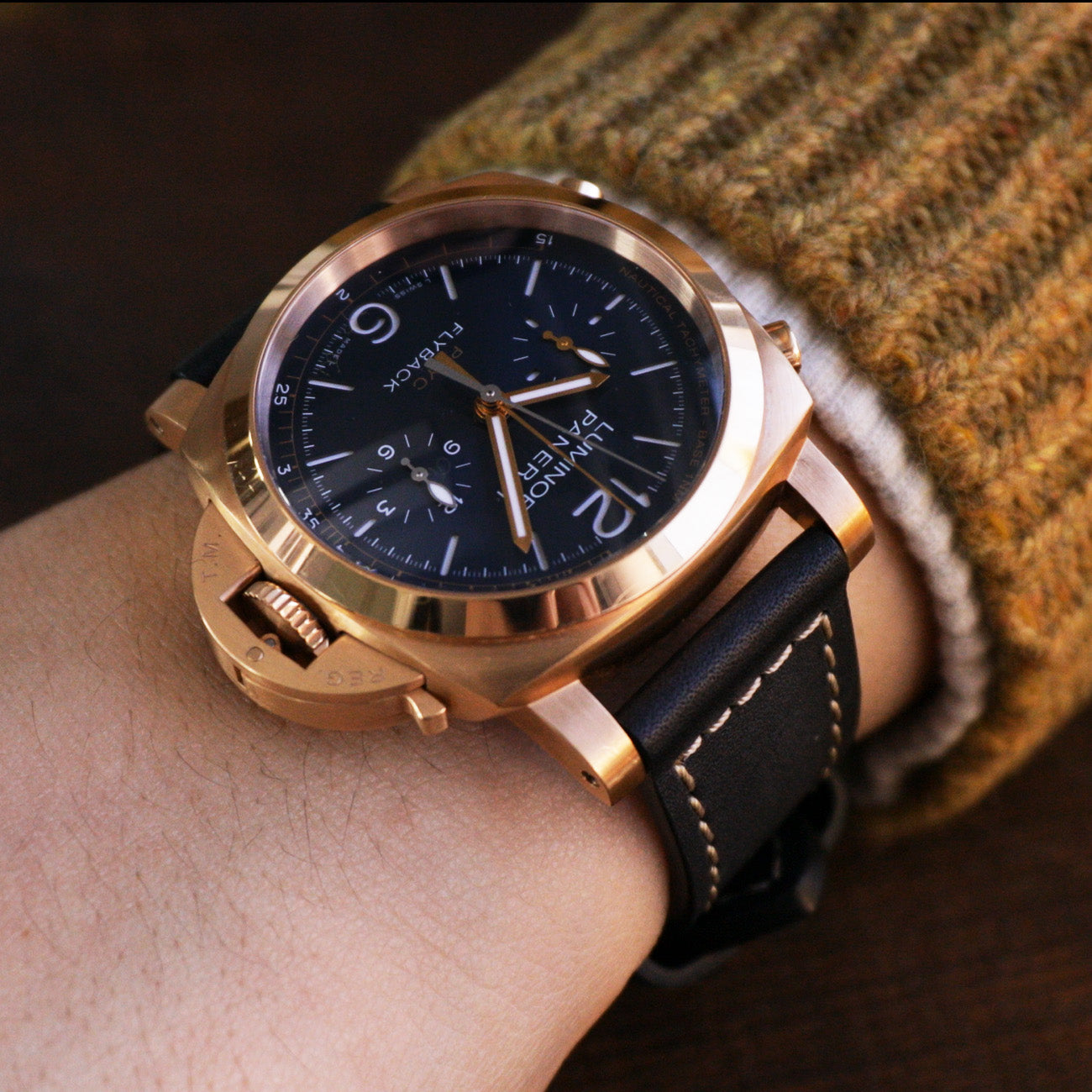 Pam Collection, Black French Crafted Barenia Leather Watch Strap for Panerai, Beige Stitching