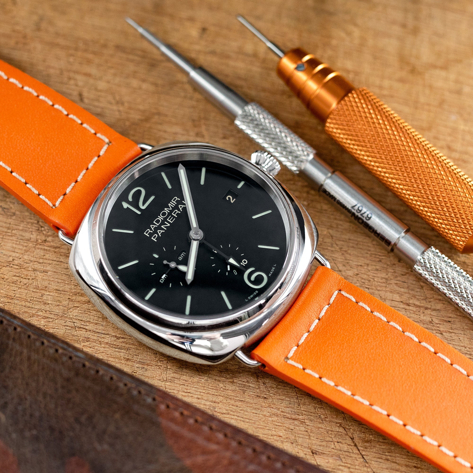 Pam Collection, Orange French Crafted Barenia Leather Watch Strap for Panerai, Beige Stitching