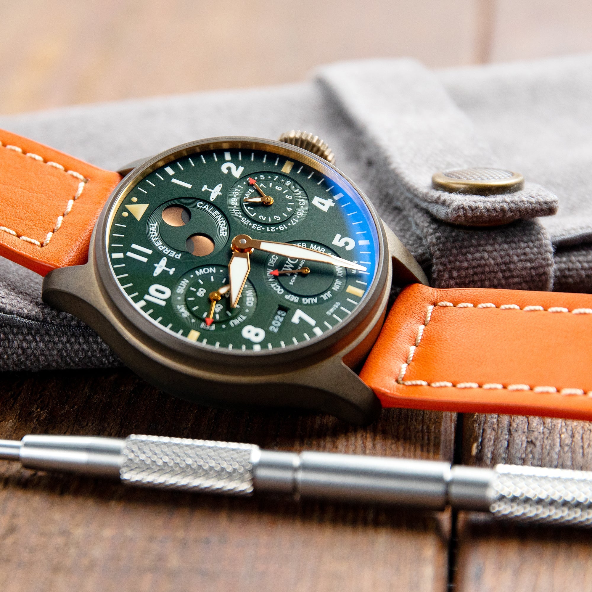 Pam Collection, Orange French Crafted Barenia Leather Watch Strap for Panerai, Beige Stitching