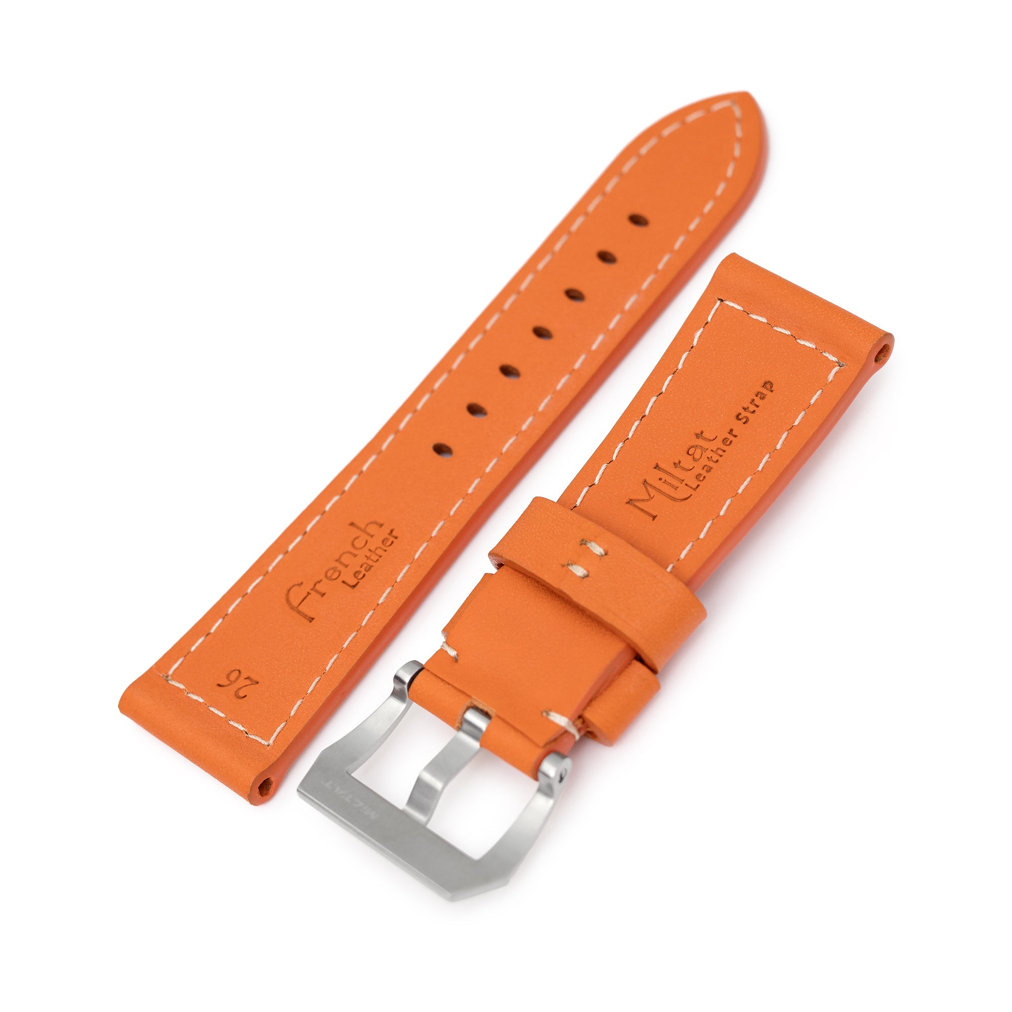 Pam Collection, Orange French Crafted Barenia Leather Watch Strap for Panerai, Beige Stitching