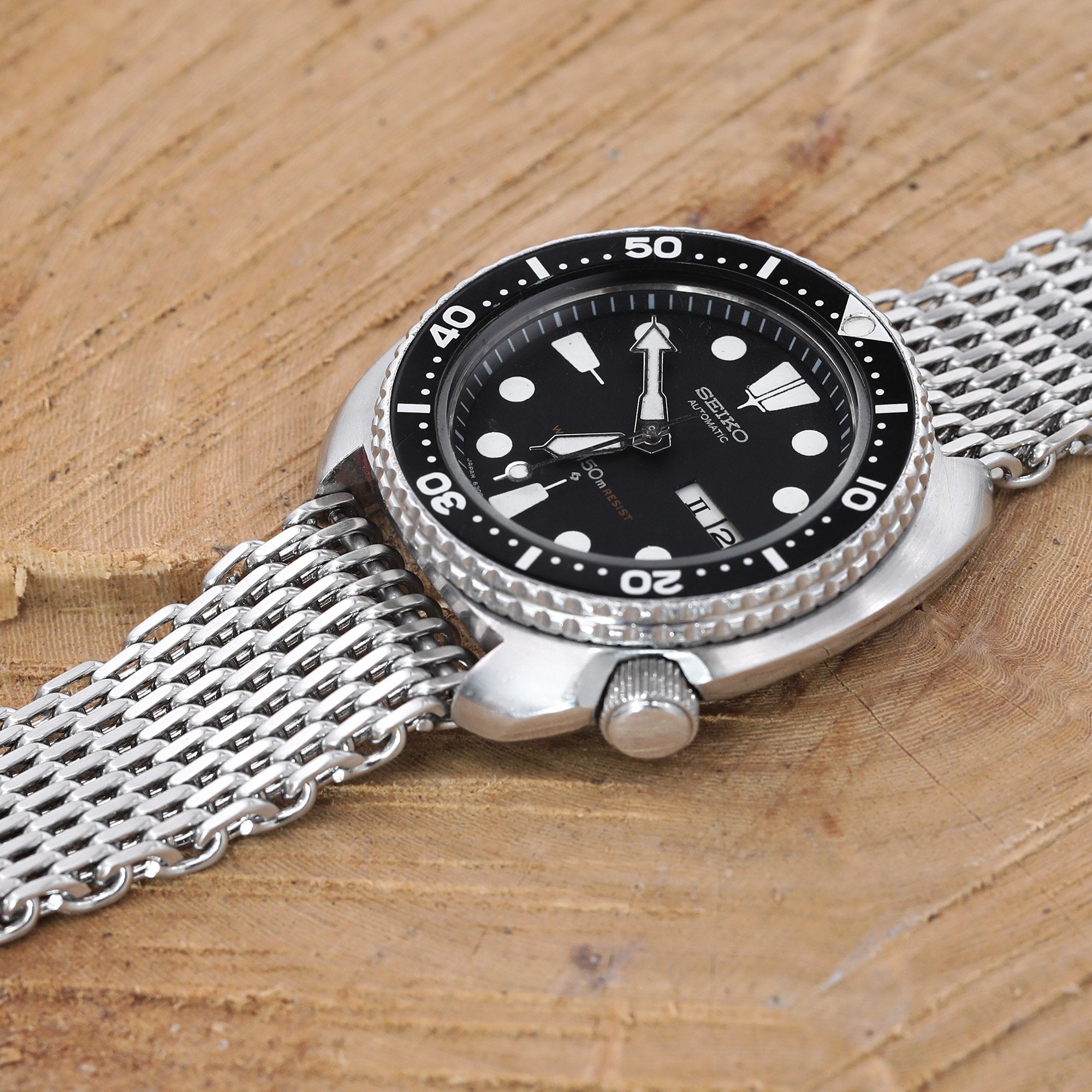 22mm Tapered "SHARK" Mesh Band Stainless Steel Watch Bracelet, V-Clasp, Brushed