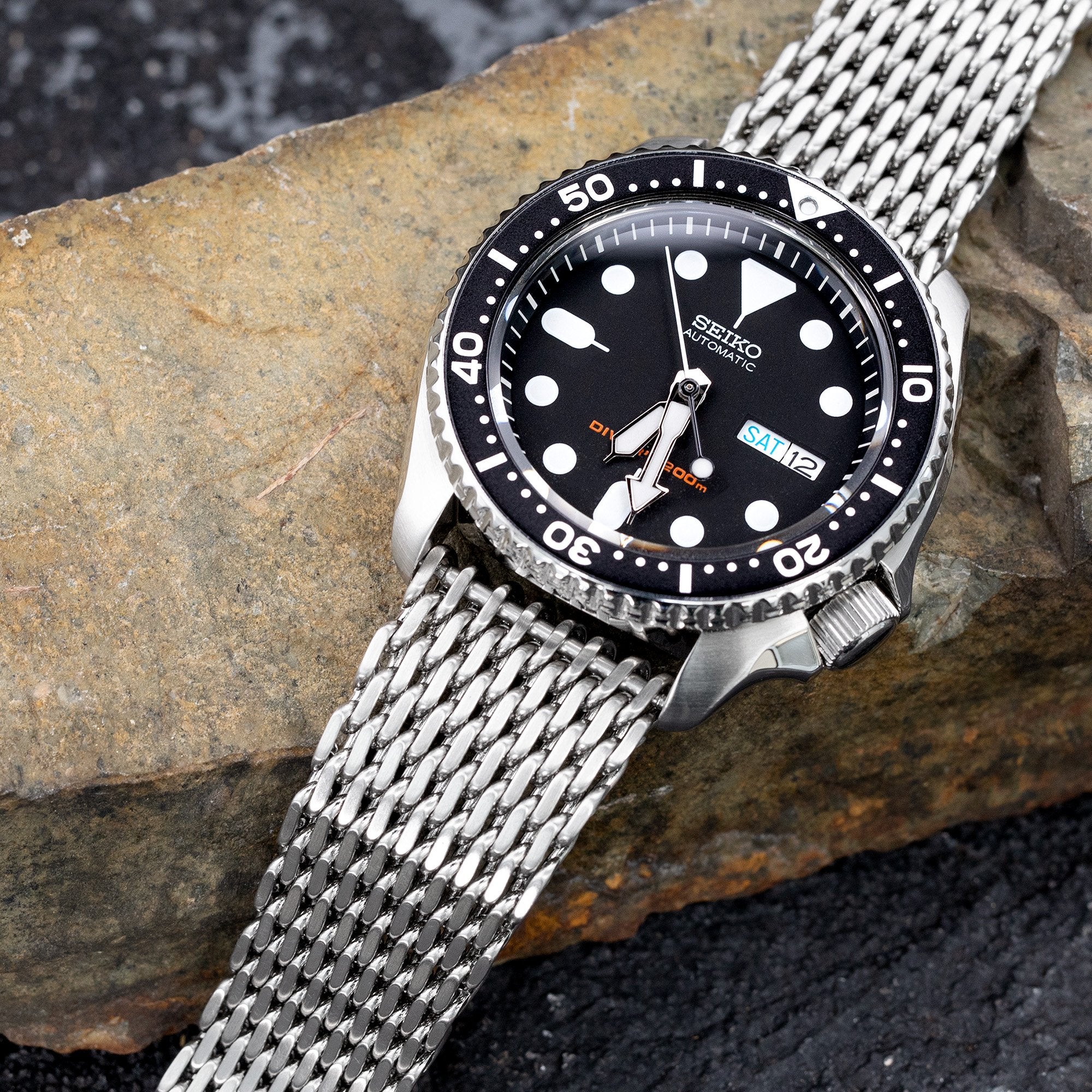22mm Tapered "SHARK" Mesh Band Stainless Steel Watch Bracelet, V-Clasp, Brushed