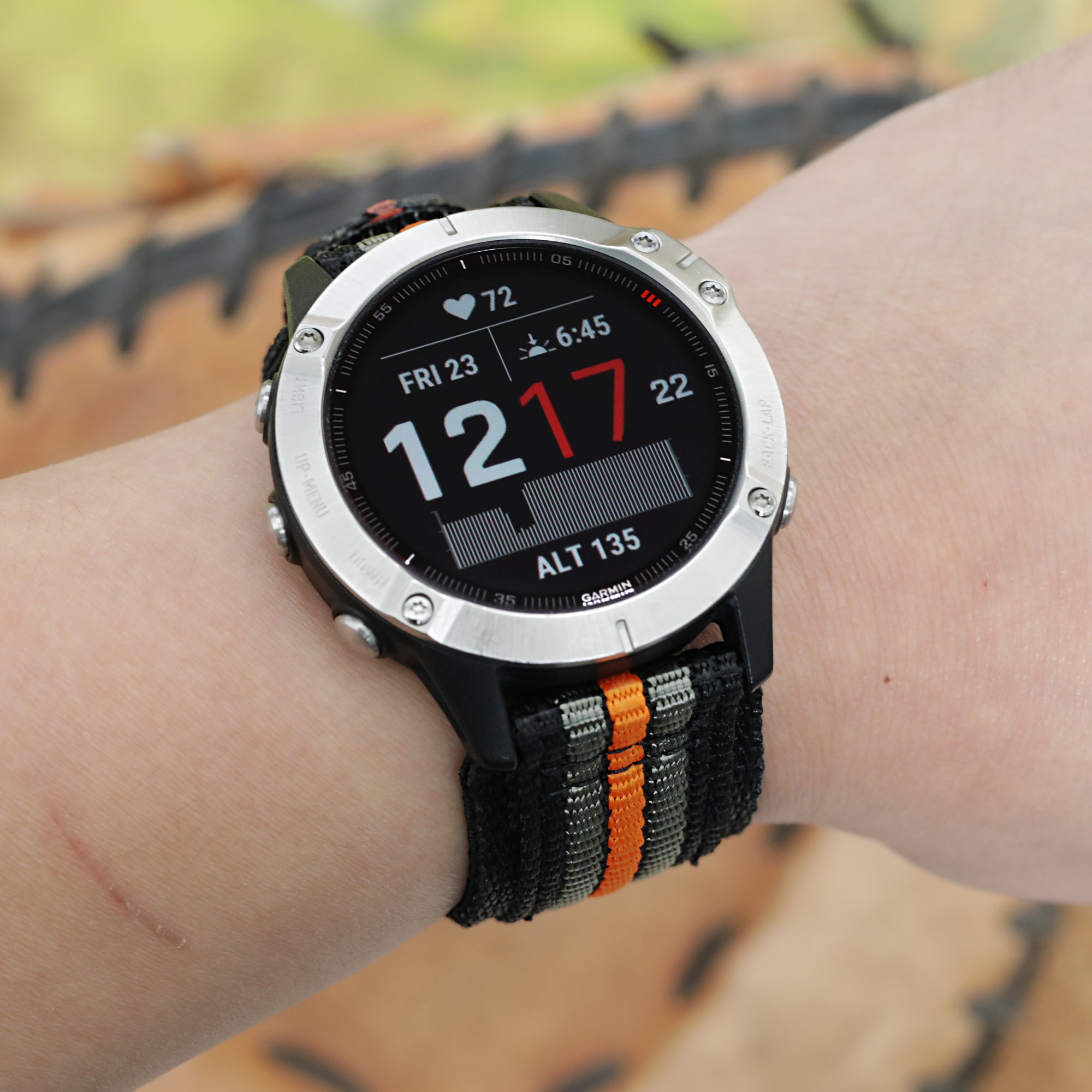 22mm MiLTAT Black, Khaki & Orange Stripes 3-D Nylon Velcro Fastener Watch Strap, Sandblasted Buckle