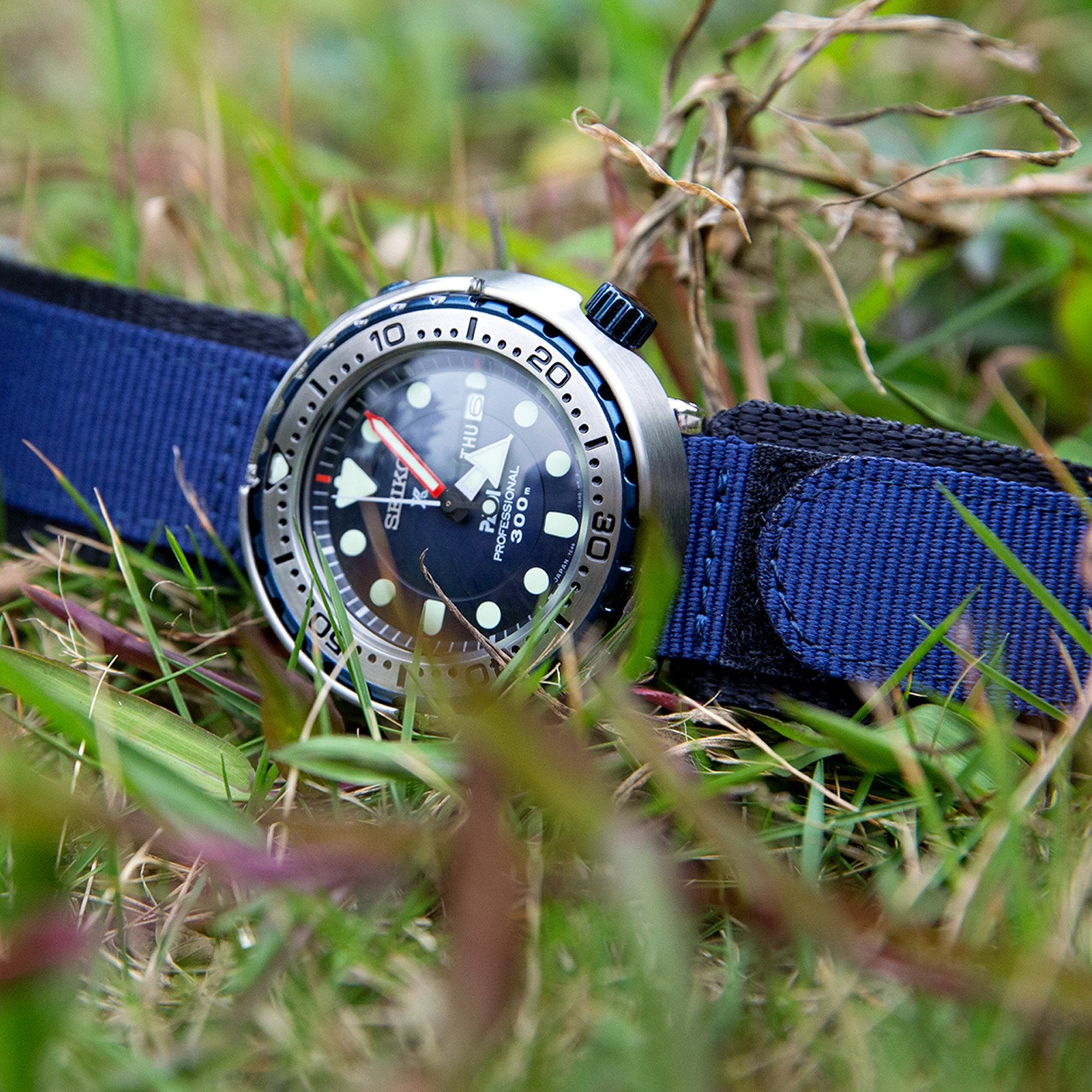 22mm MiLTAT Navy Blue Nylon Velcro Fastener Watch Strap, Brushed Stainless Buckle