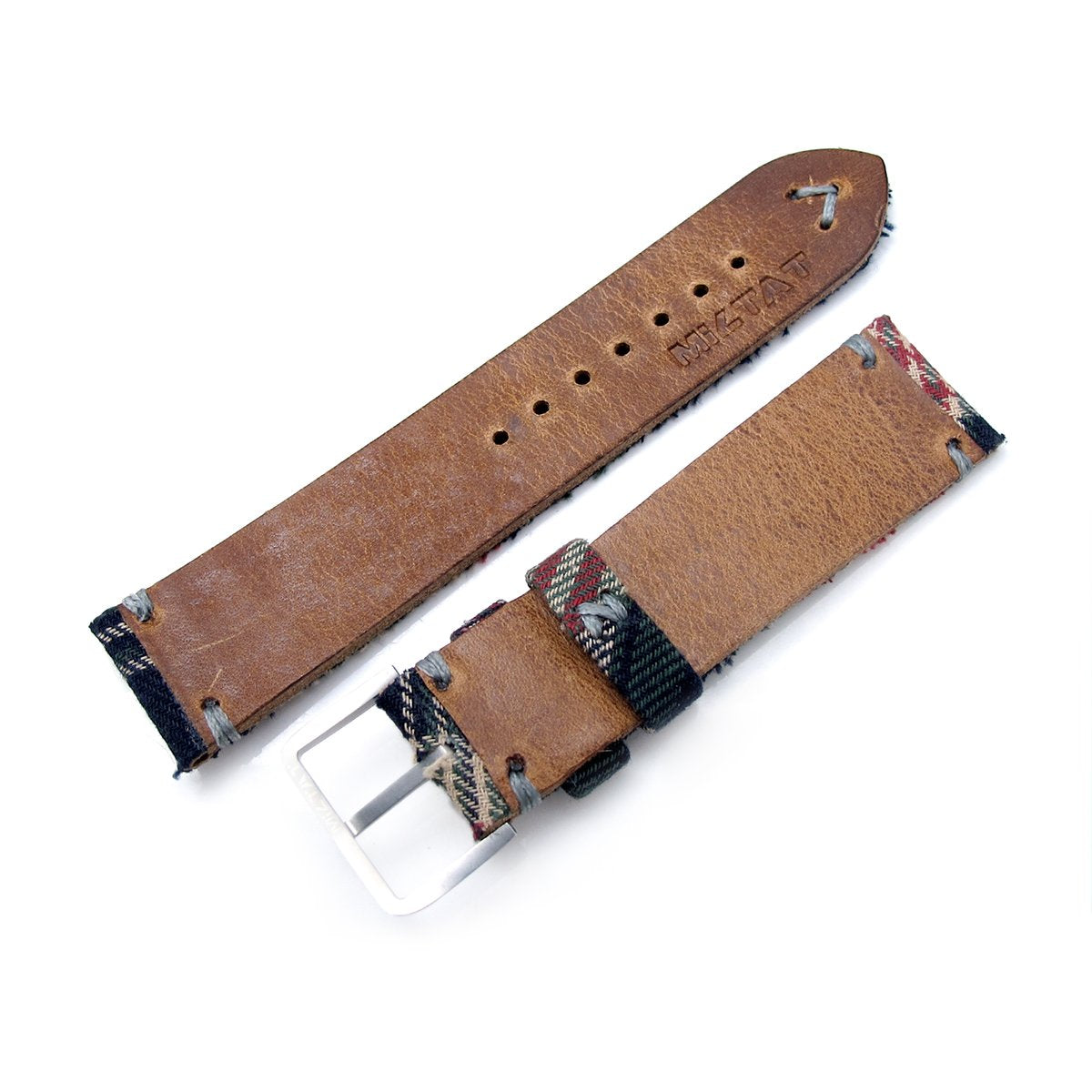 22mm MiLTAT Dundee Tartan Pattern Watch Strap, Grey Stitching